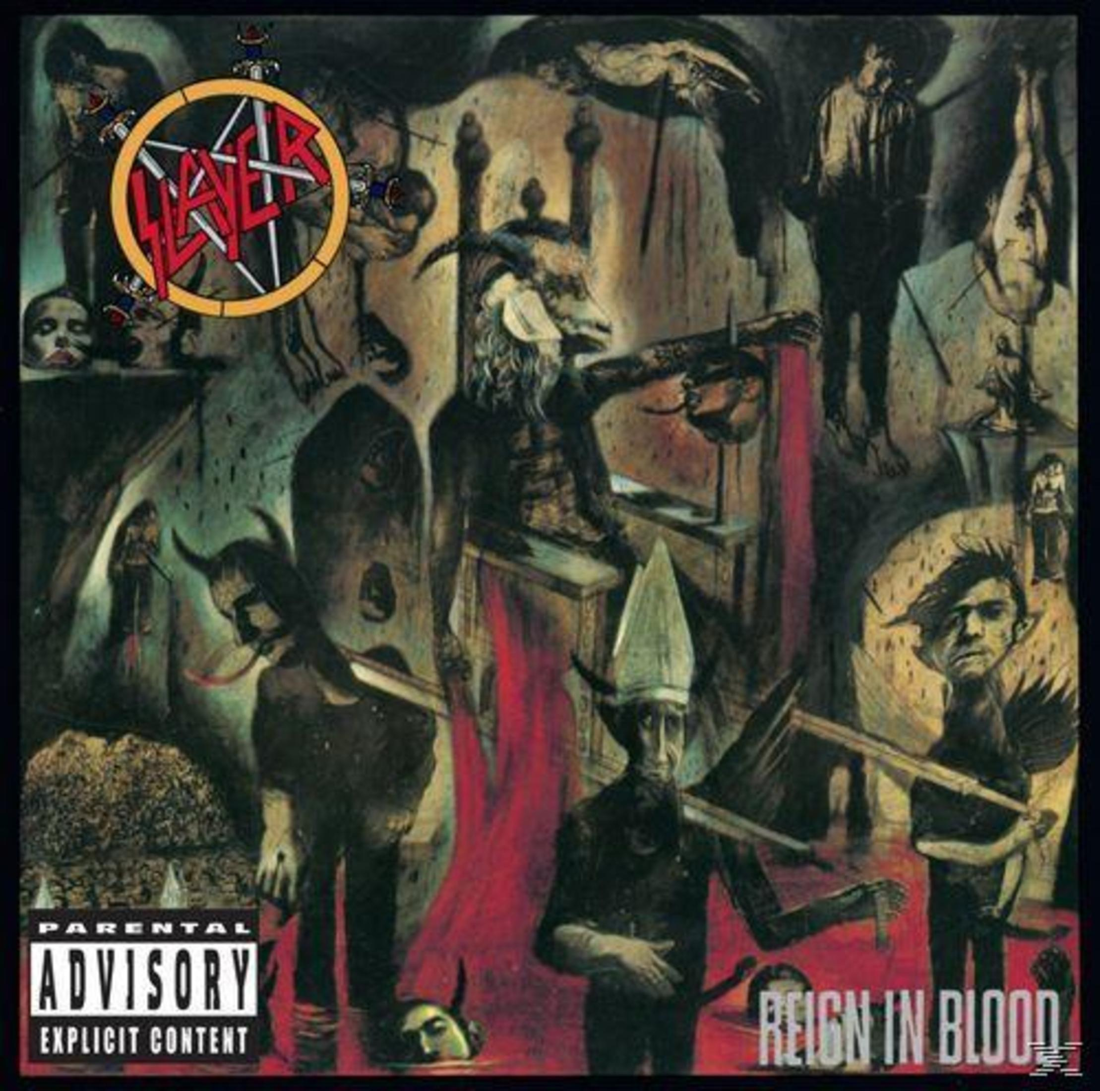 Albumhoes met een donkere, surrealistische scène. Figuren met hoorns, een pentagramlogo en de tekst 'Reign in Blood' zijn aanwezig.