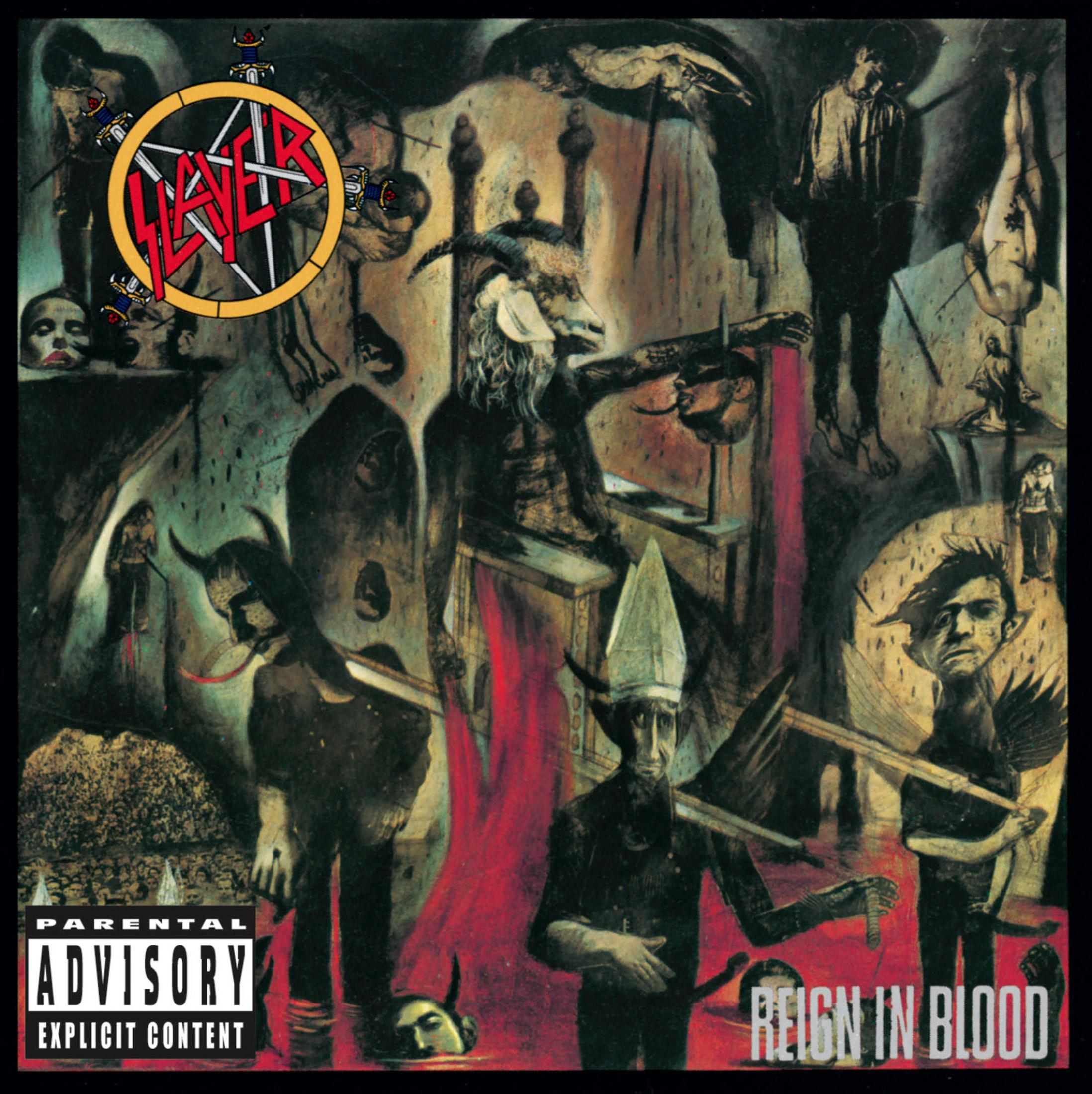 Albumhoes met Slayer-logo. Figuren in donkere kledij, een geitenkopfiguur en een bloedrode achtergrond. Ouderlijk toezicht-label.