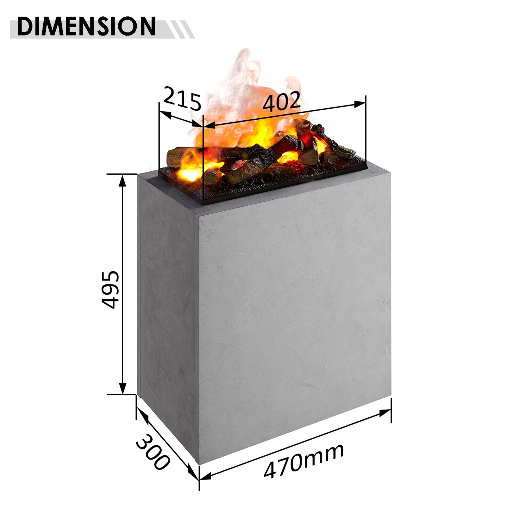 Ein elektrischer Kamin steht auf einem grauen Betonständer. Der Kamin hat glühende Holzscheite und Flammen. Abmessungen sind sichtbar.