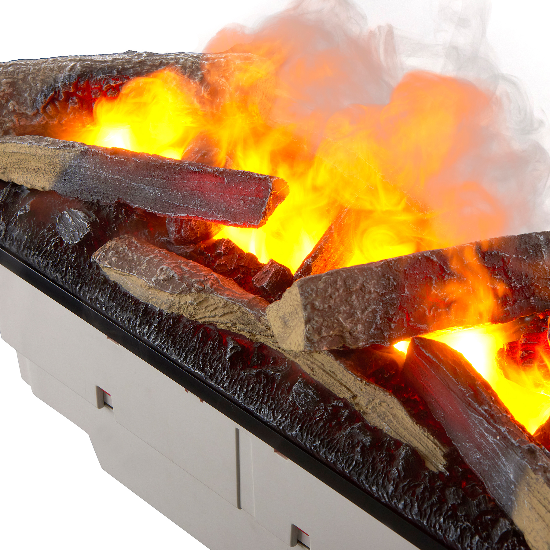 Nahaufnahme eines dekorativen Elektrokamins. Er zeigt künstliche Holzscheite mit hellorangen und gelben Lichtern und eine weiße Basis.