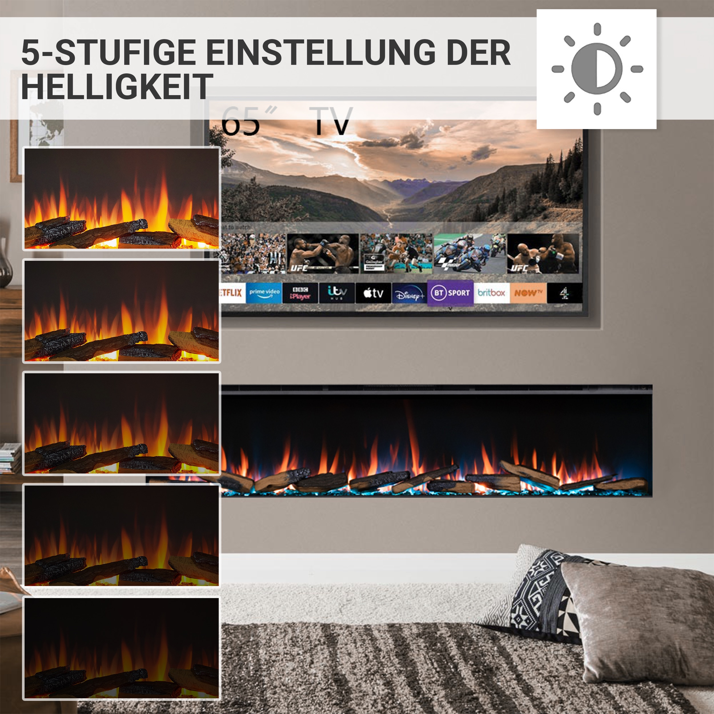 Ein 65"-Fernseher zeigt Inhalte. Darunter zeigt ein langer Elektrokamin Flammen und Holzscheite. Ein Bett mit Kissen ist im Vordergrund.