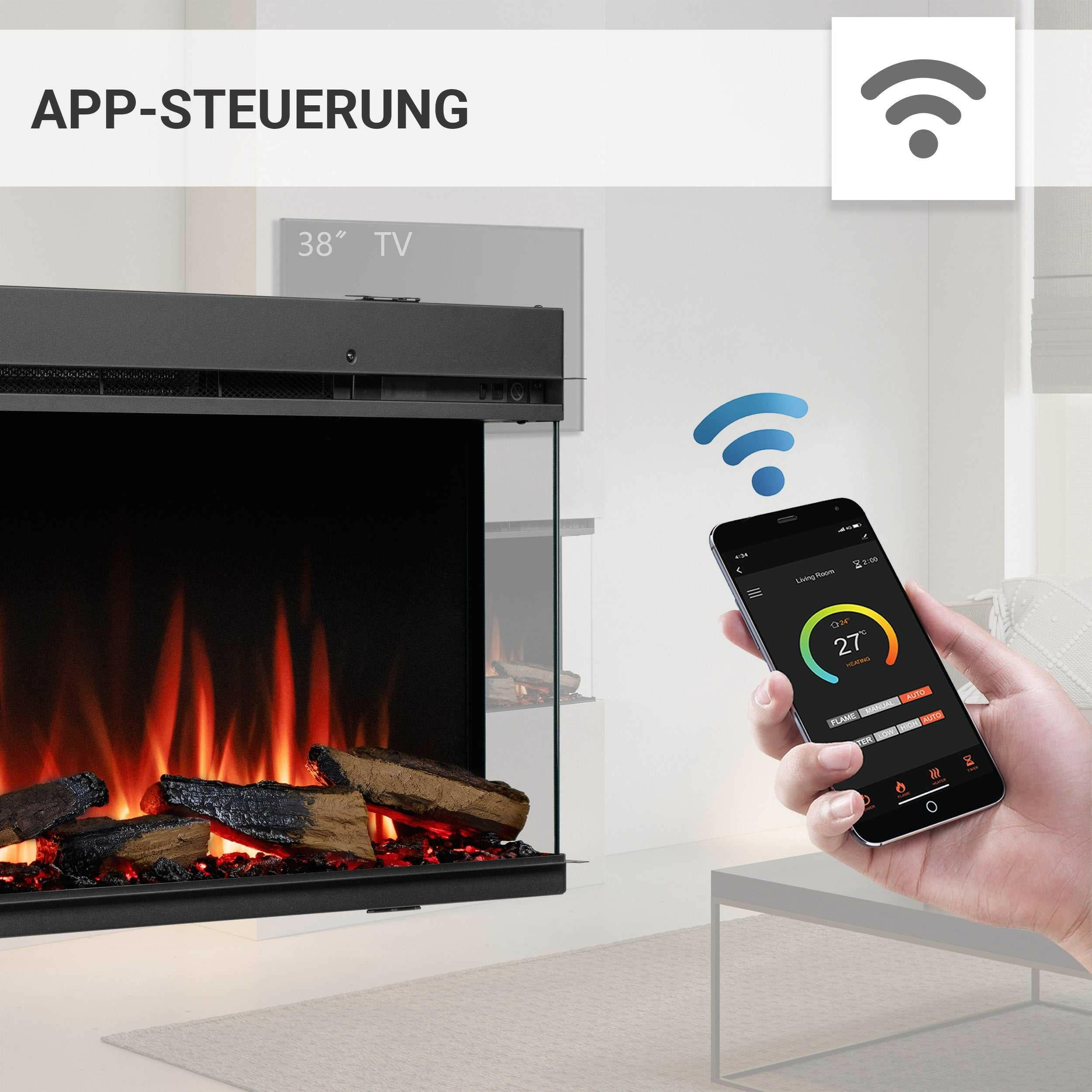 Eine Hand hält ein Telefon, das einen Kamin steuert, mit Flammen und Holzscheiten. Text: 'APP-STEUERUNG' und '38" TV'.