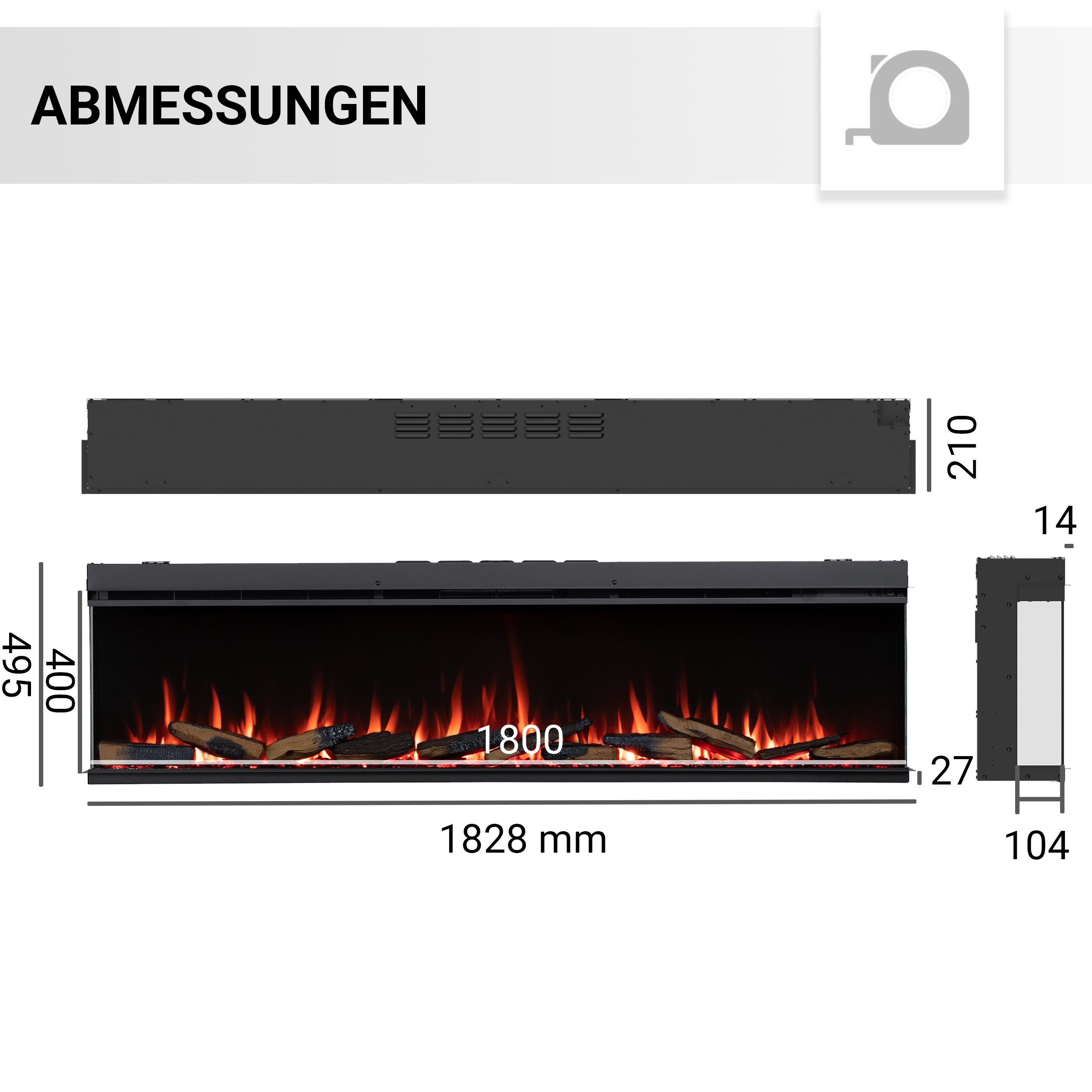 Ein schwarzer Elektrokamin mit Maßen. Die Flammen sind orange und es gibt Holzscheite.