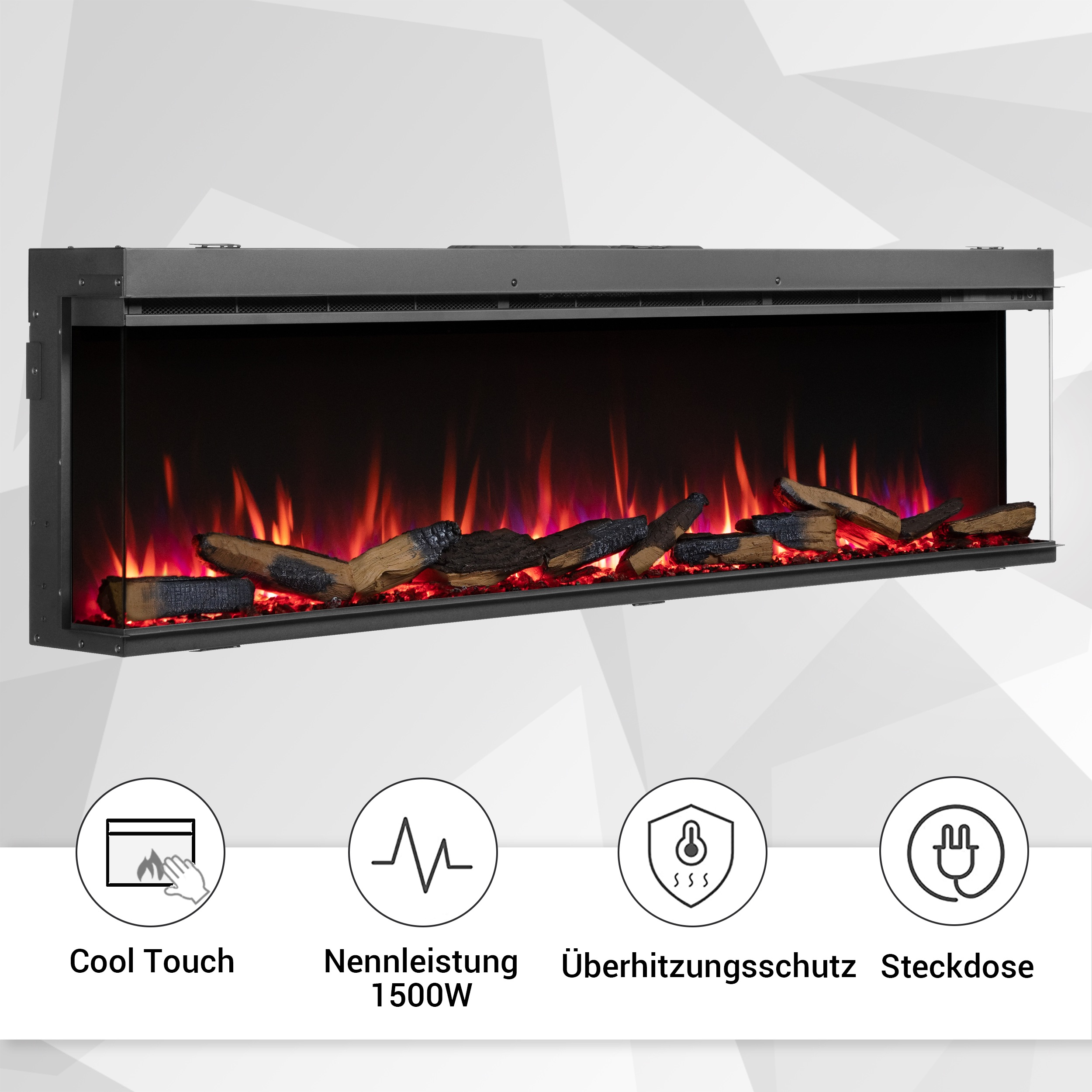 Ein elektrischer Kamin mit schwarzem Rahmen, leuchtenden Flammen und Holzscheiten. Vier Symbole unten zeigen Merkmale wie Cool Touch.