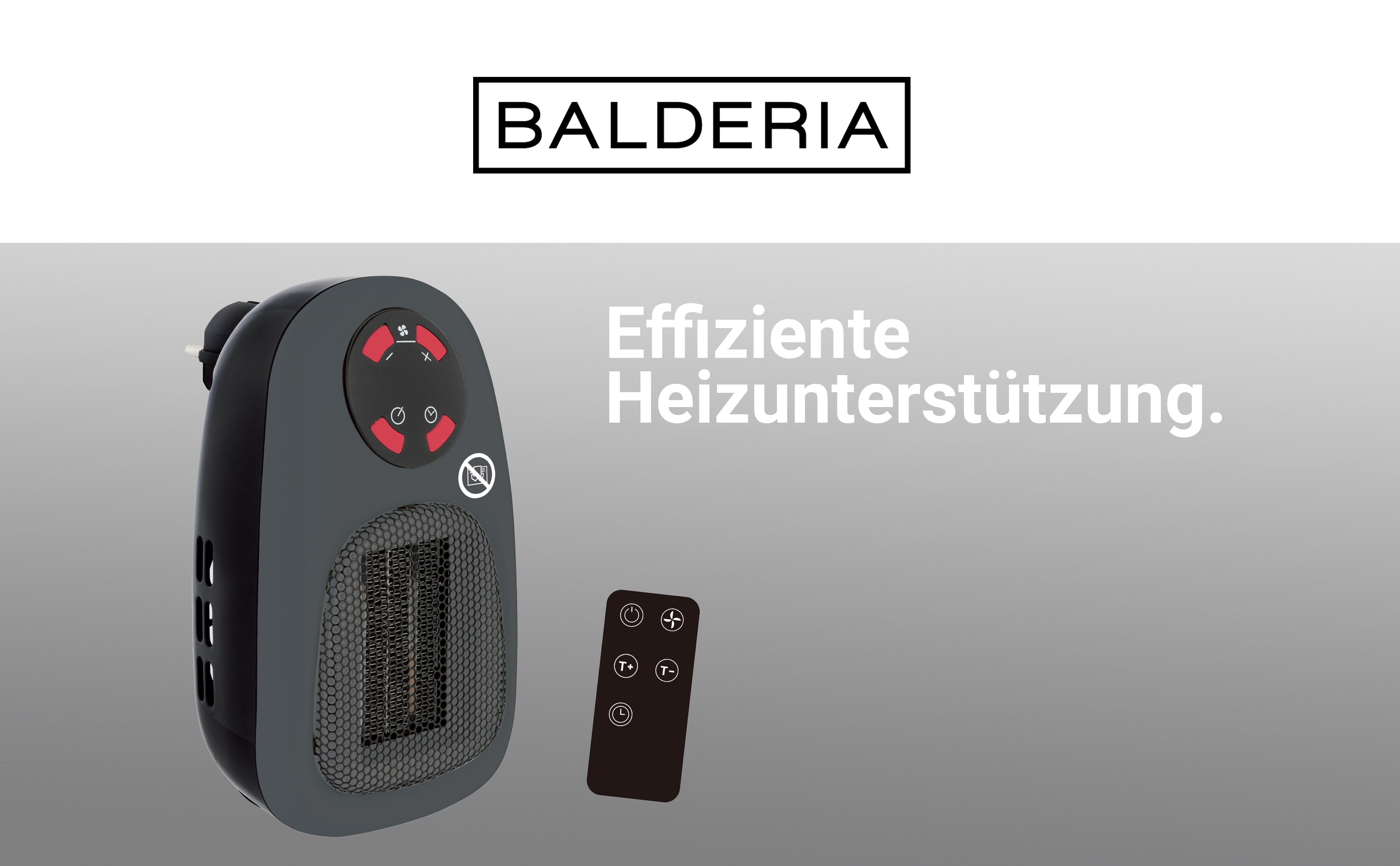 Das Bild zeigt eine grau-schwarze Elektroheizung mit Fernbedienung, die Marke ist Balderia.