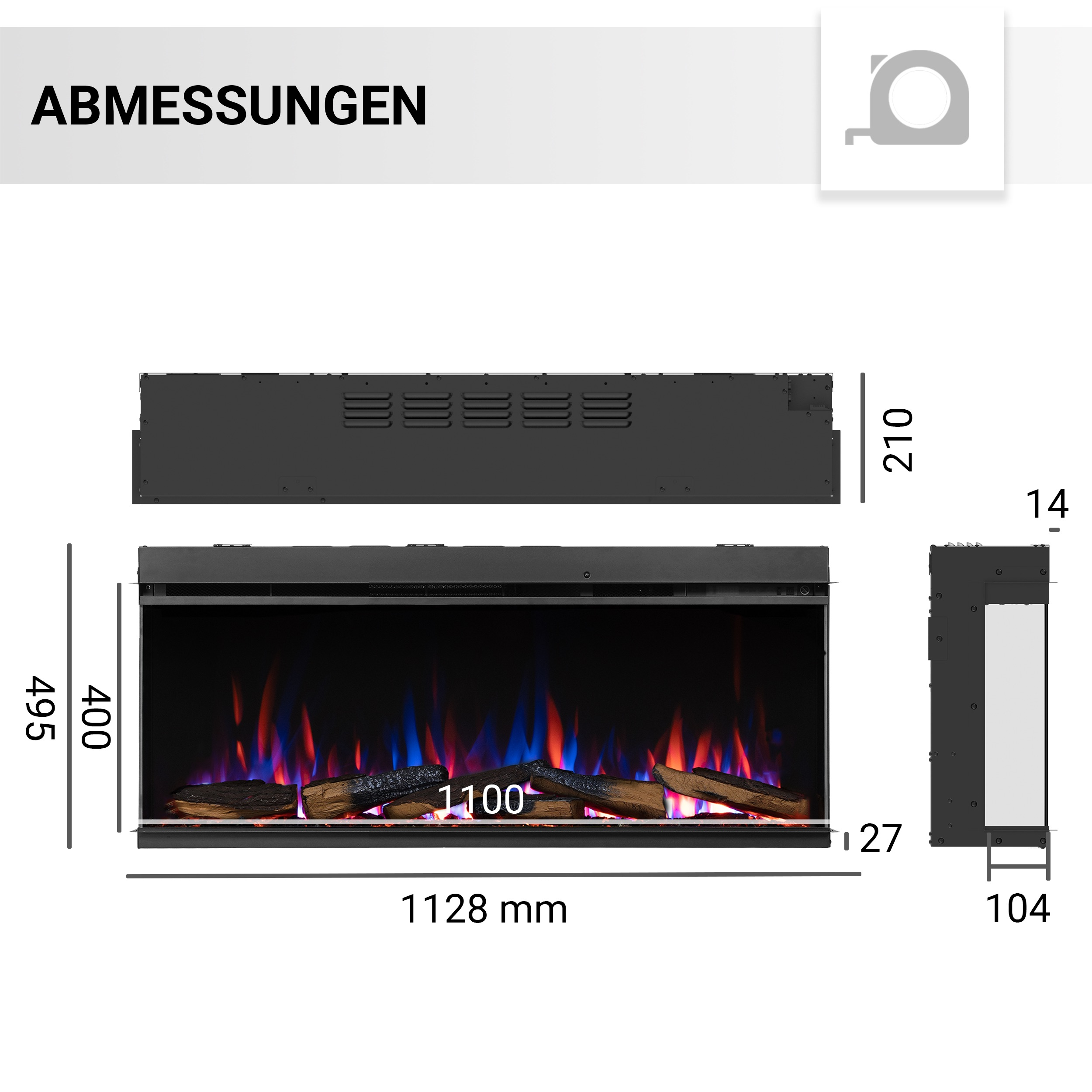 Diagramm eines schwarzen Elektrokamins mit Abmessungen. Flammen sind rot und blau. Holzscheite sind vorne.