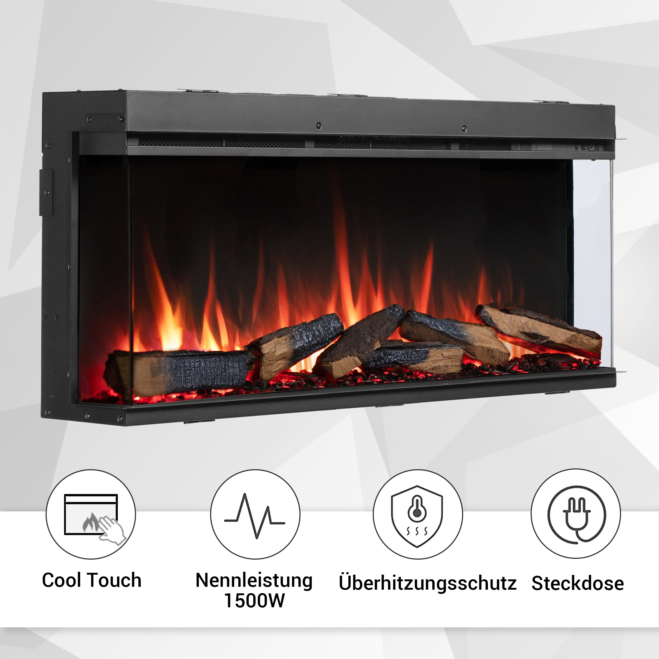 Ein elektrischer Kamin mit schwarzem Rahmen, Glasfront und simulierten Flammen. Holzscheite sind sichtbar. Symbole unten.