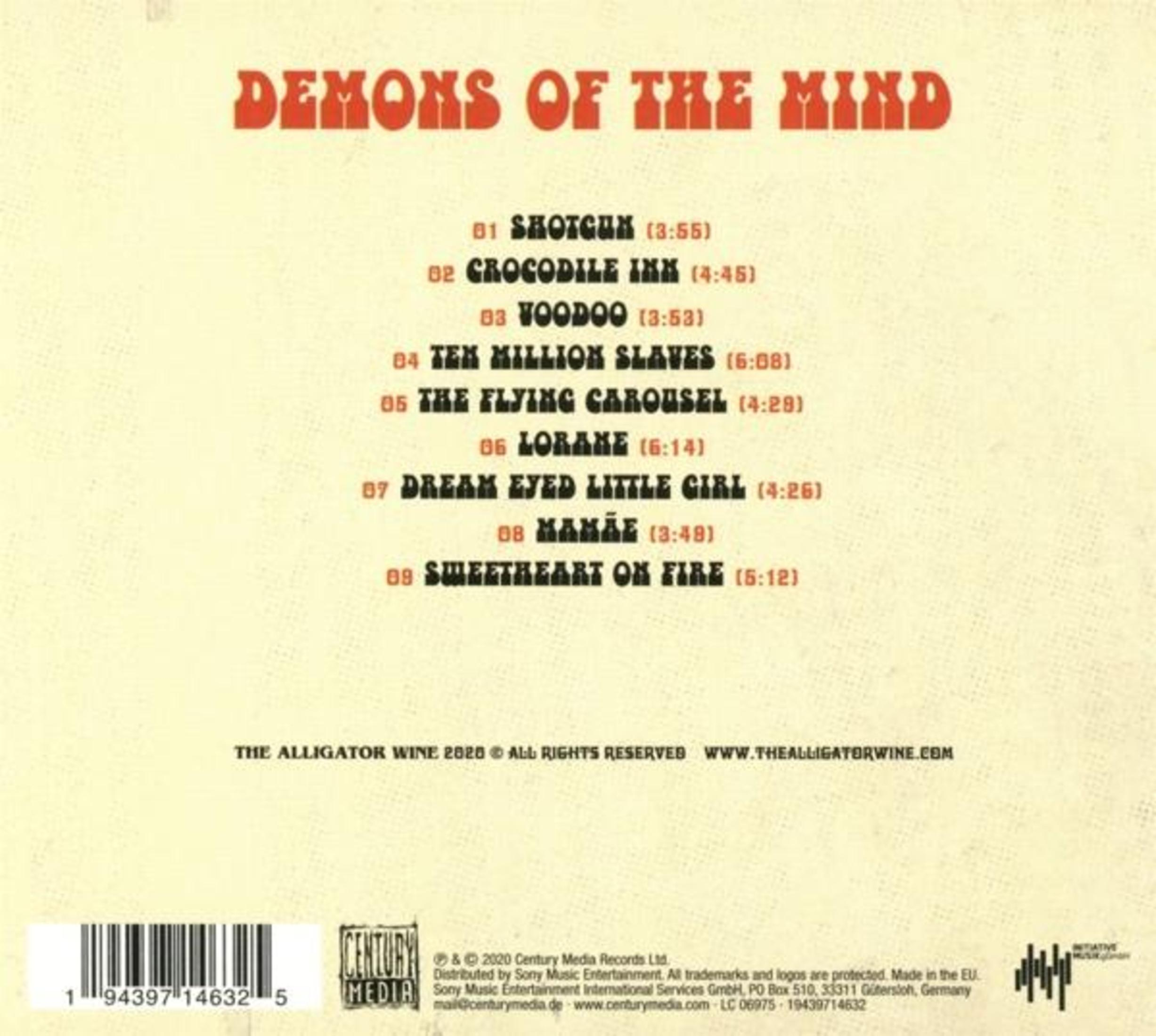 Albumcover mit rotem Text 'DEMONS OF THE MIND' und Trackliste auf cremefarbenem Hintergrund.