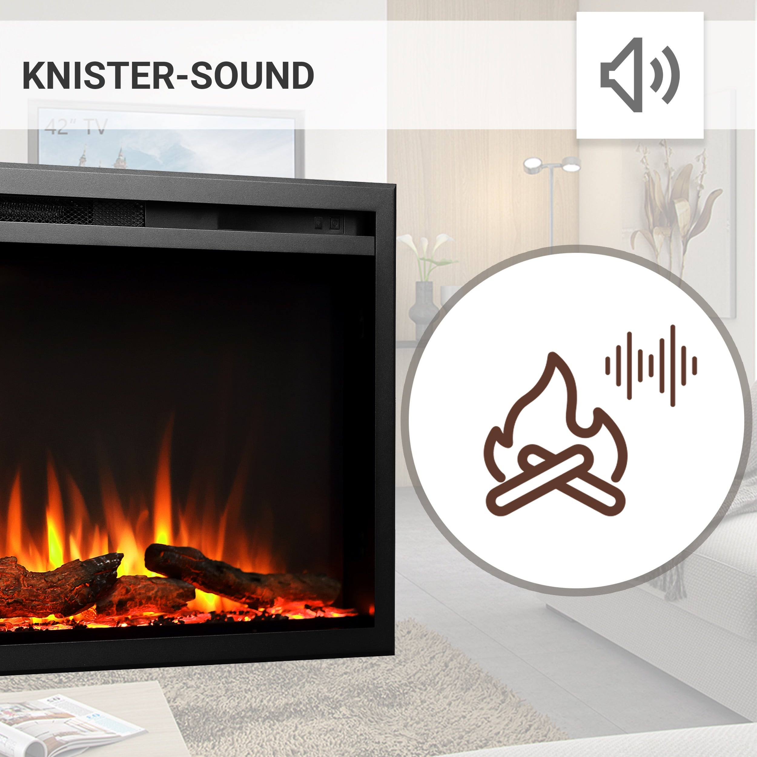 Ein Kamin mit orangefarbenen Flammen und braunen Holzscheiten. Ein Tonsymbol und der Text 'Knister-Sound' sind sichtbar.