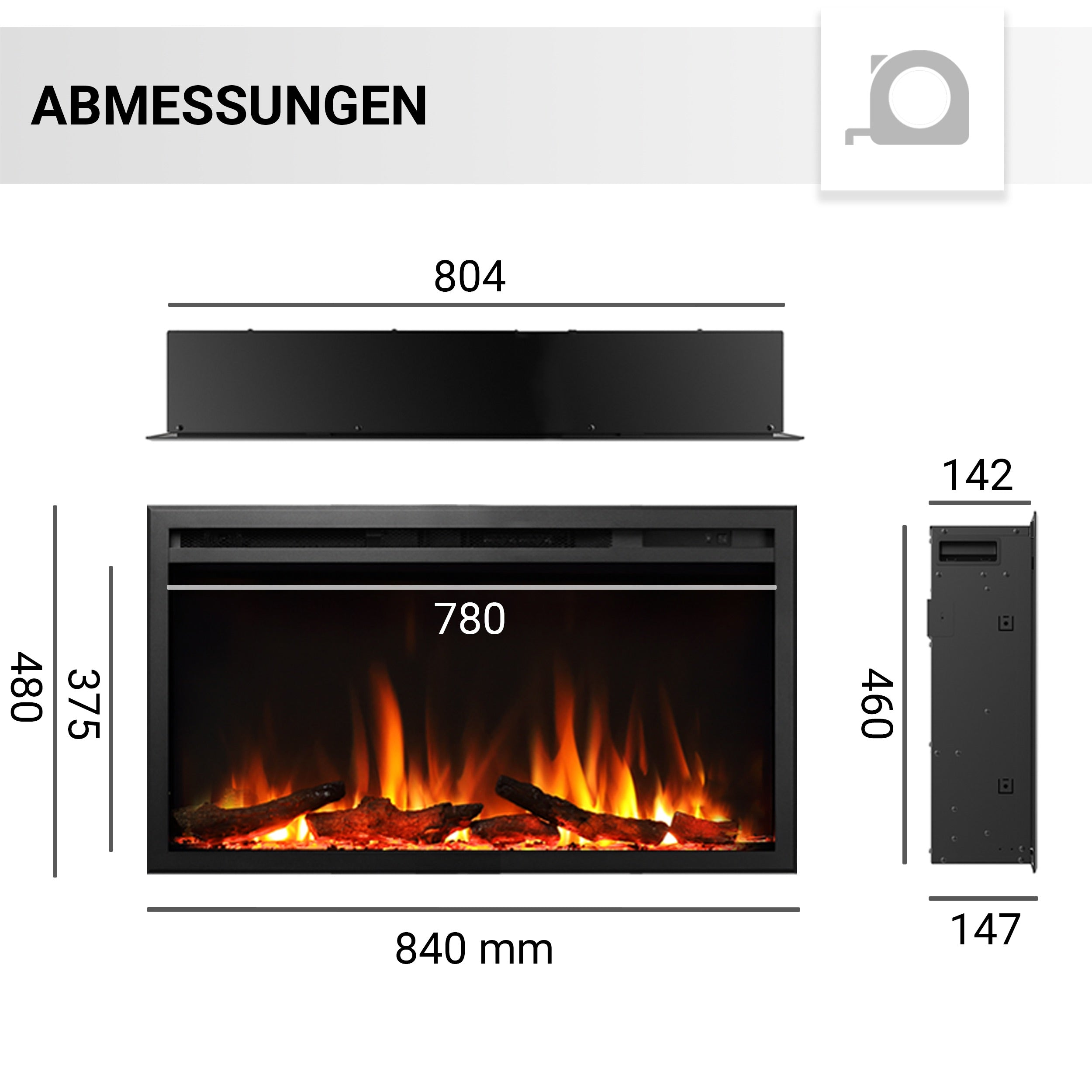 Ein schwarzer elektrischer Kamin mit Flammen und Holzscheiten sowie beschrifteten Maßen. Abmessungen werden angezeigt.