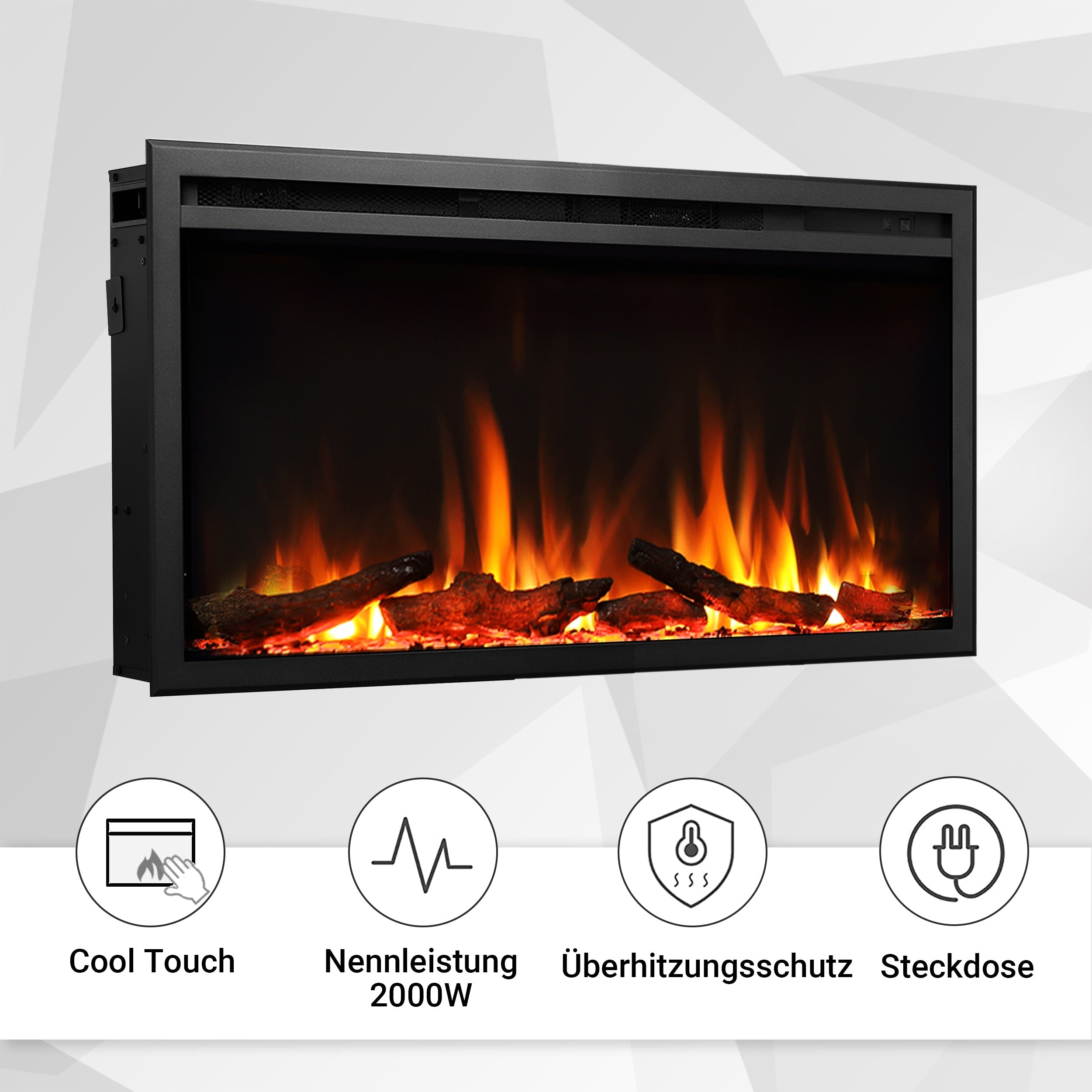 Elektrischer Kamin mit schwarzem Rahmen, glühenden Flammen und Holzscheiten. Merkmale: Cool Touch, 2000W, Überhitzungsschutz und Stecker.