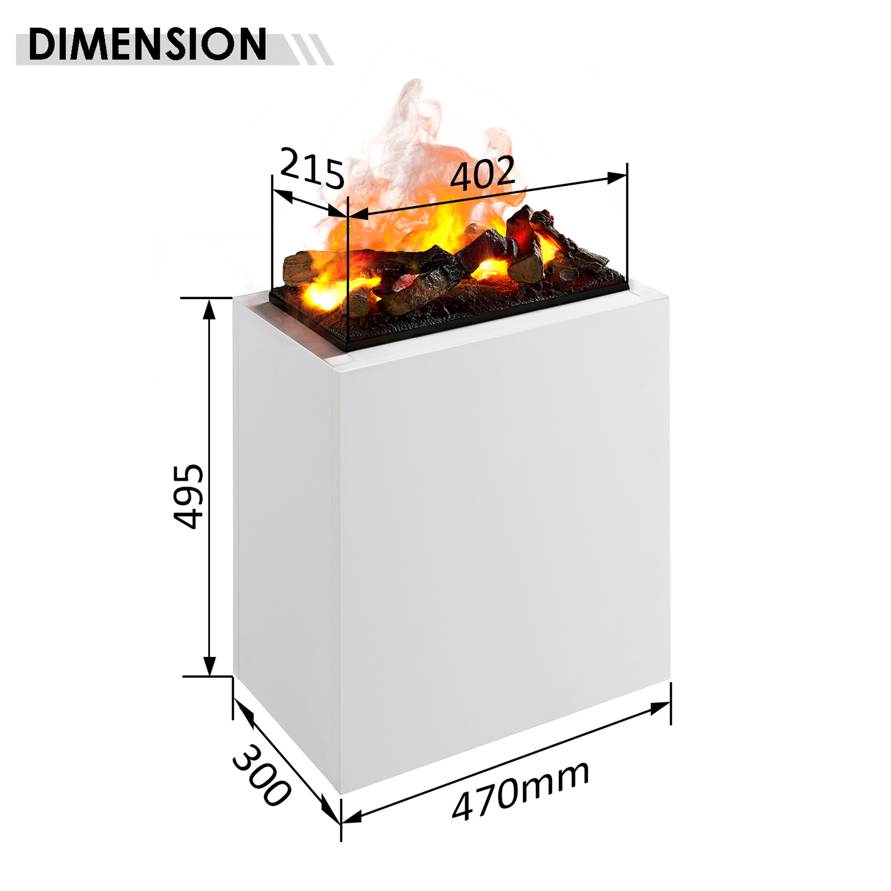 Ein elektrischer Kamin auf einem weißen Sockel. Er hat simuliertes Feuer und Holz. Abmessungen werden mit Pfeilen und Zahlen angezeigt.