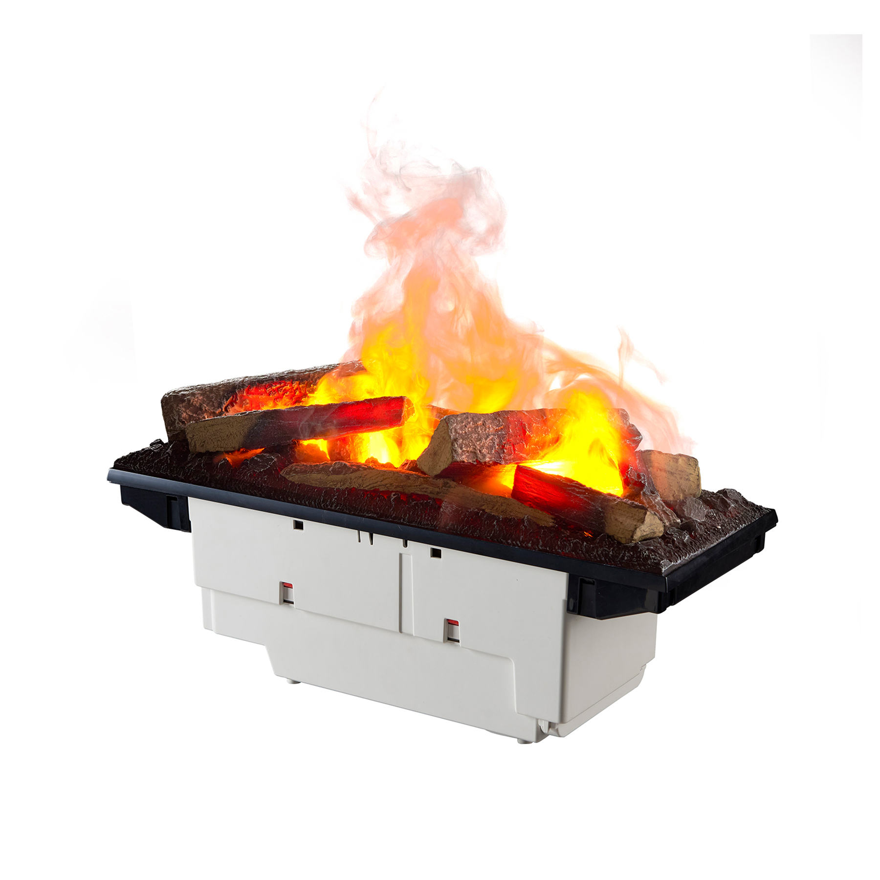 Elektrischer Kamin mit simulierten brennenden Holzscheiten und Flammen. Hat einen weißen Sockel, schwarzen Deckel und orangefarbene Flammen.