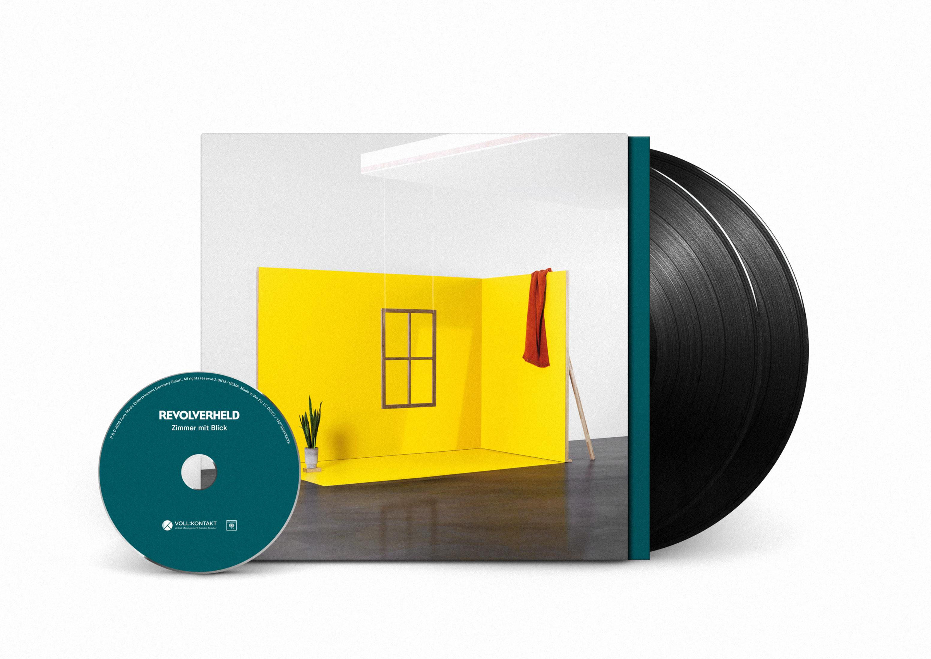Albumcover mit Vinyl und CD. Gelber Raum mit Fenster, rotem Tuch und Pflanze. CD hat Bandnamen und Albumtitel.