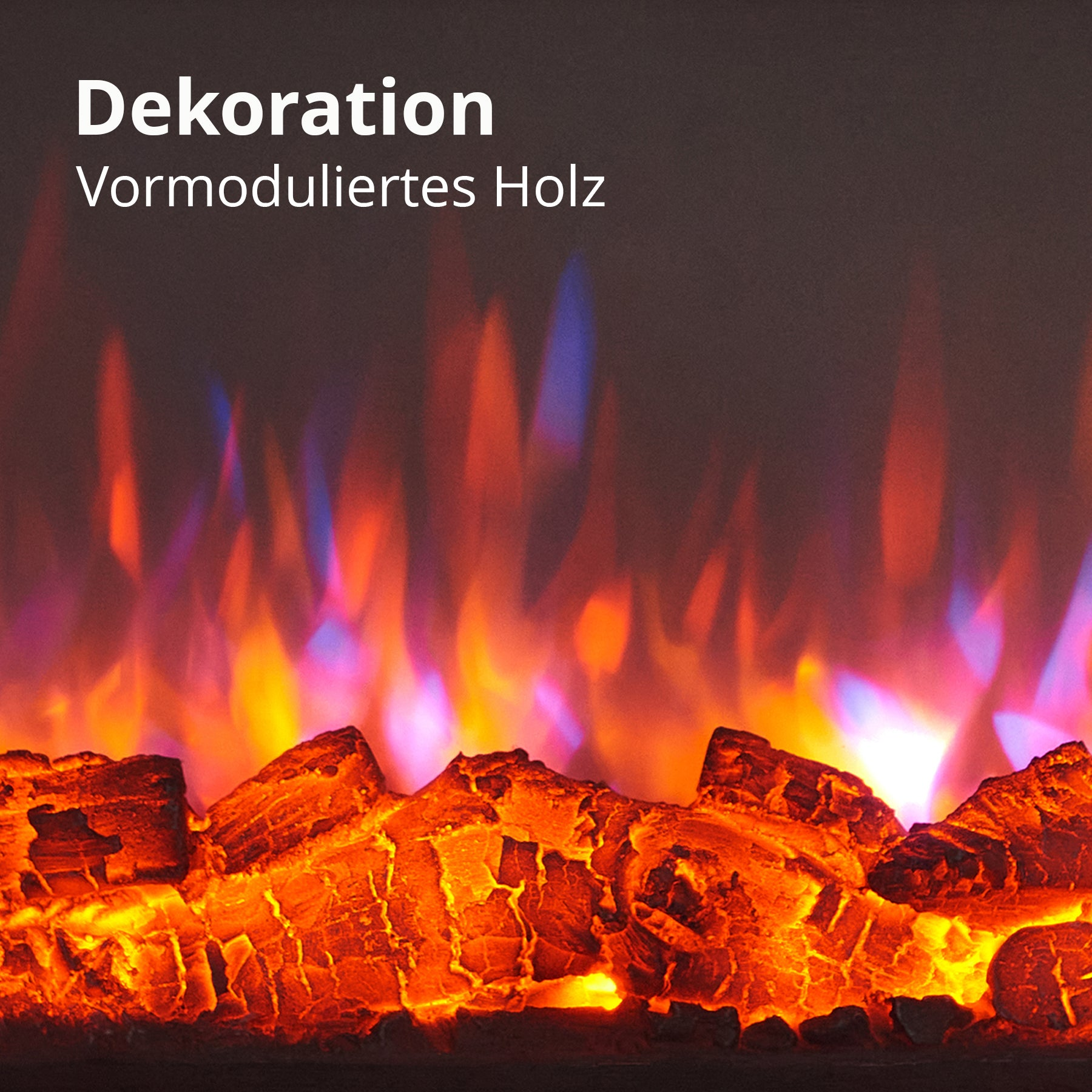 Bild eines dekorativen Kamins mit leuchtenden Flammen und Glut. Text: 'Dekoration Vormoduliertes Holz'.