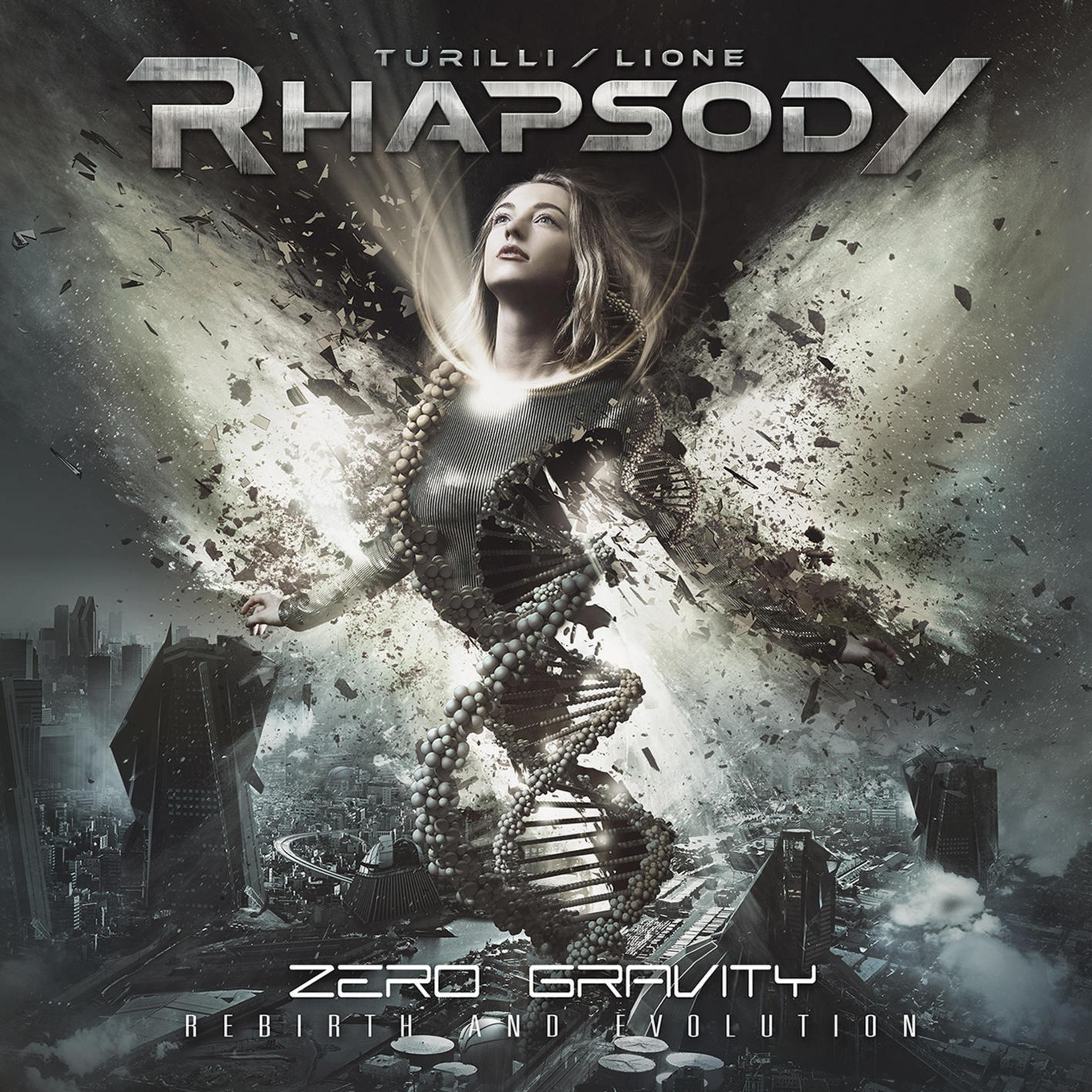 Albumcover mit Frau, DNA-Helix und Stadt. Titel lautet Rhapsody. Es ist Zero Gravity, Rebirth and Evolution.