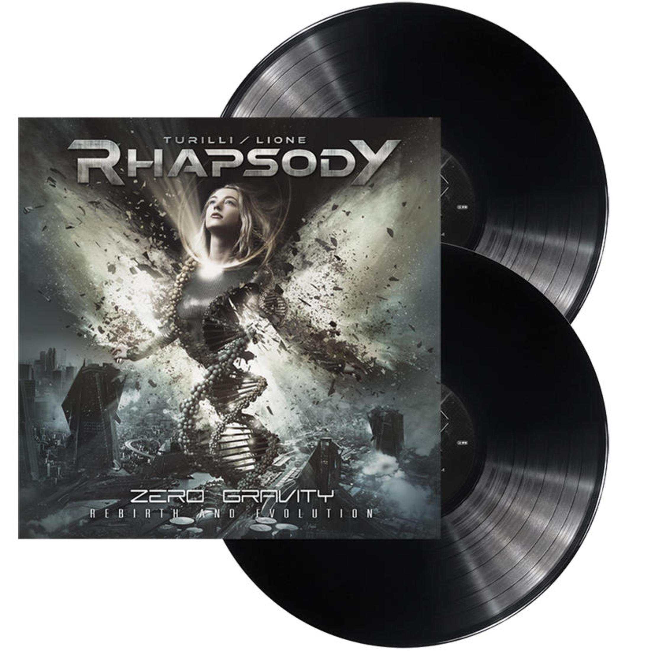 Albumcover mit schwarzen Schallplatten. Das Cover zeigt eine Frau, den Titel: Rhapsody und die Worte Zero Gravity.