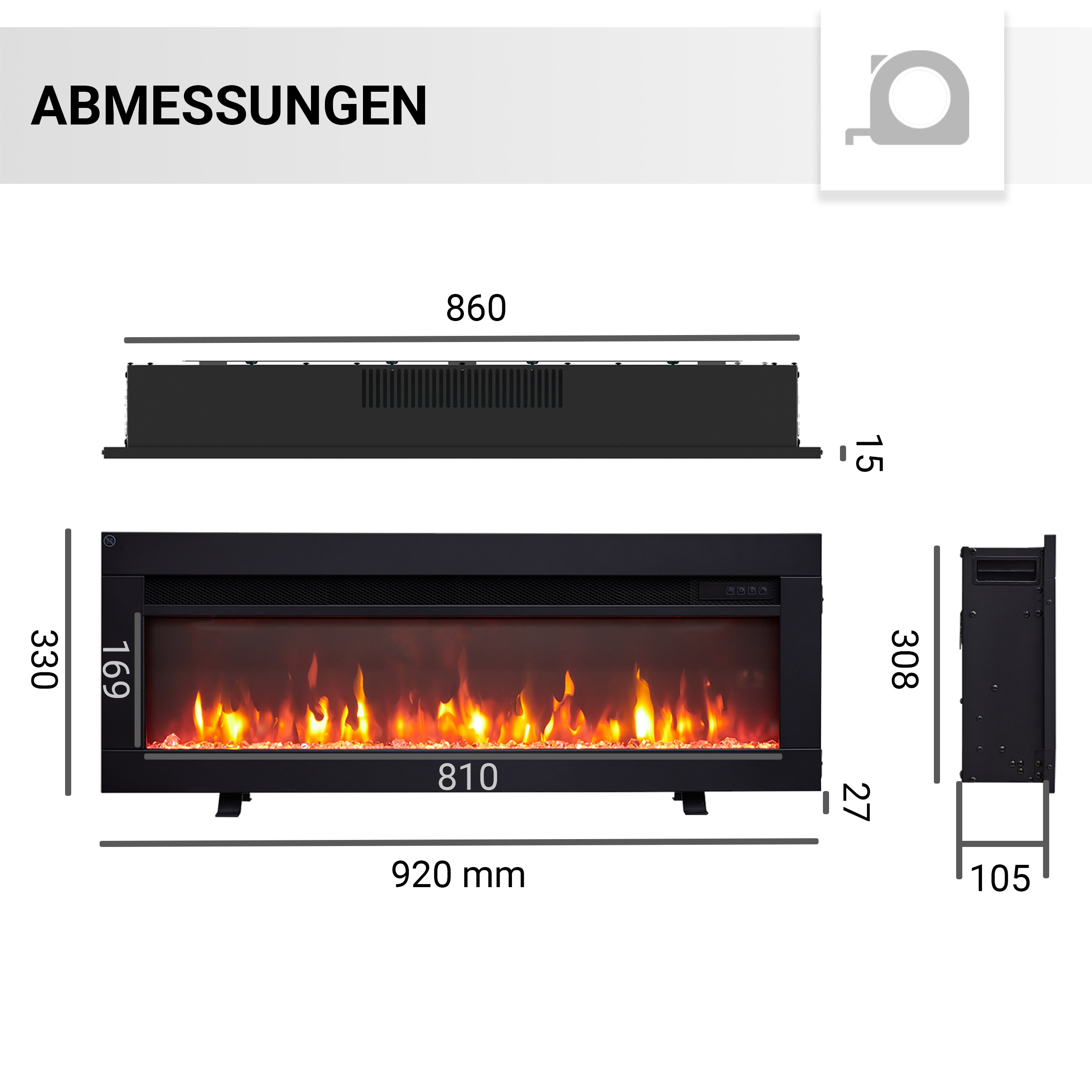 Schwarzer Elektrokamin mit Maßen. Flammen sind sichtbar. Maße werden in Millimetern angezeigt.