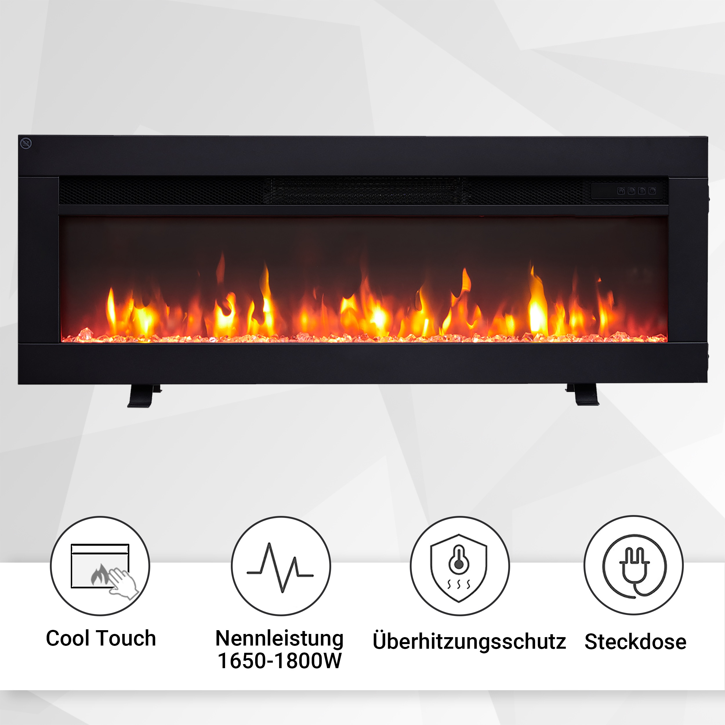 Schwarzer Elektrokamin mit orangen Flammen, Felsen und Bedienelementen. Darunter Symbole für Cool Touch, Leistung und Sicherheit.