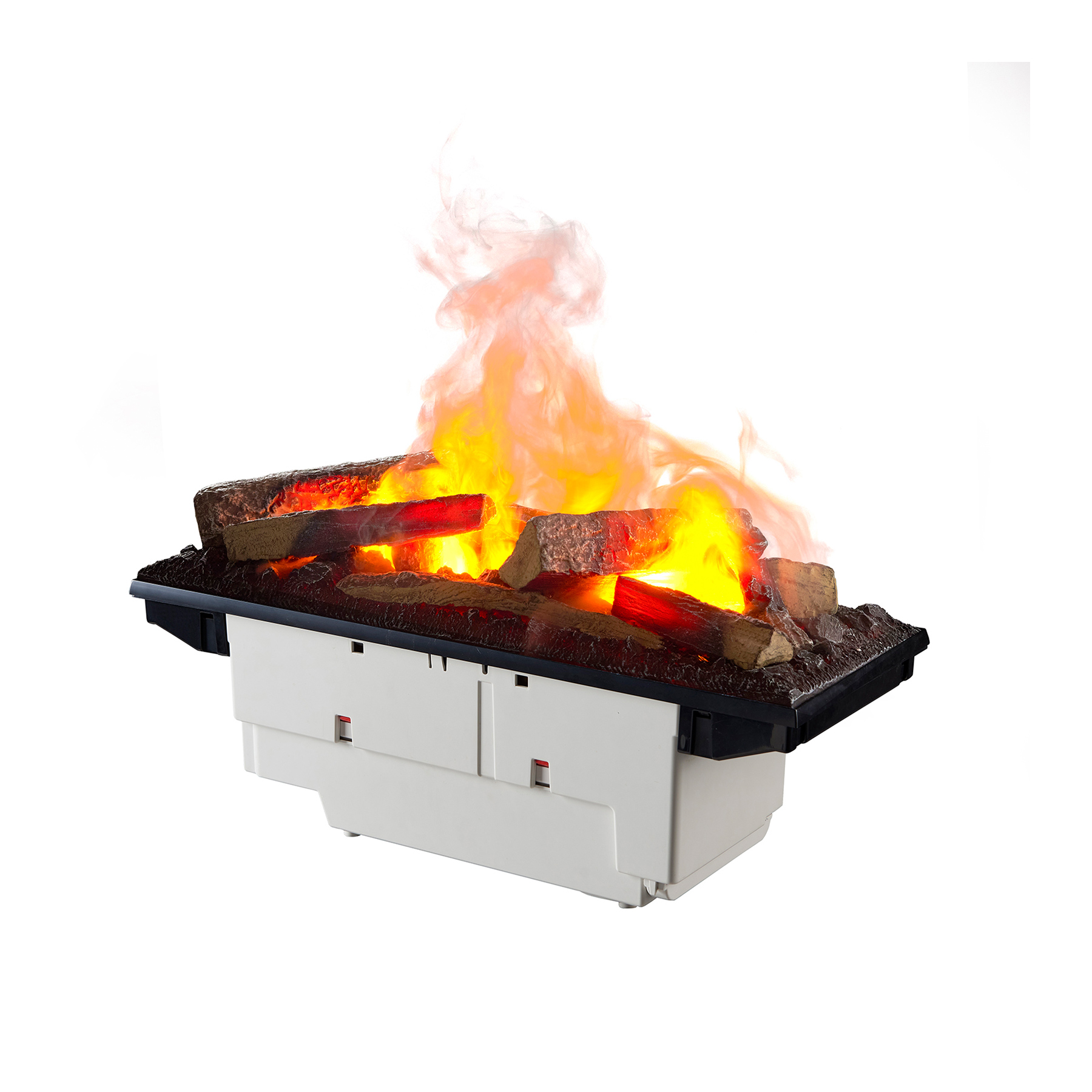 Ein elektrischer Kamin mit glühenden Holzscheiten und Flammen. Der Sockel ist weiß, die Oberseite schwarz, mit orangefarbenen und gelben Feuereffekten.
