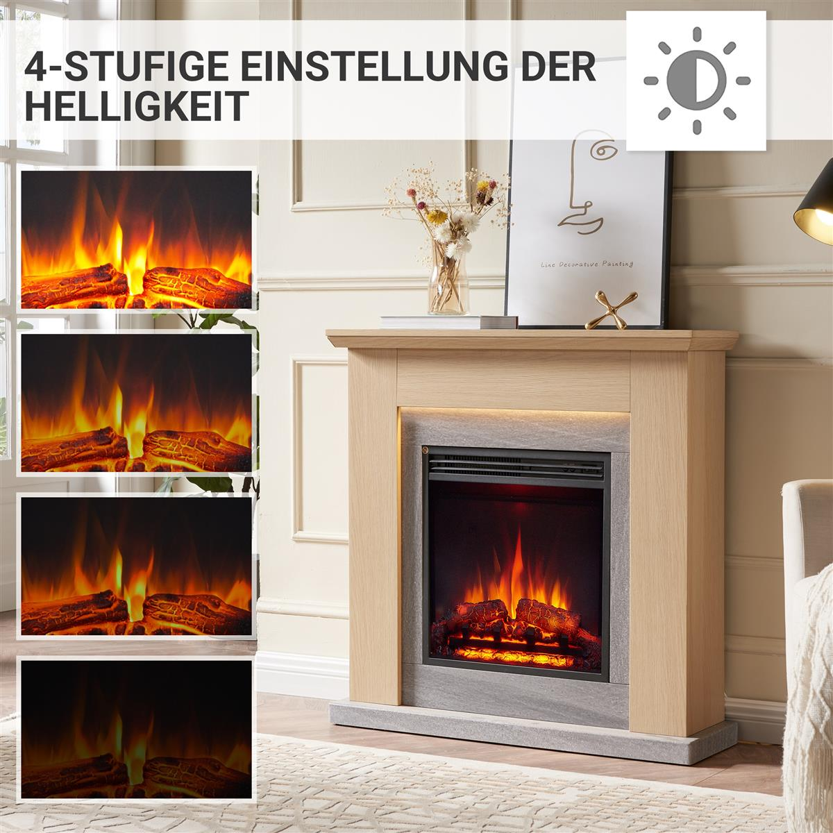 Ein Kamin mit einstellbaren Helligkeitseinstellungen. Flammen sind sichtbar. Ein Gemälde und Blumen sind auf dem Kaminsims.