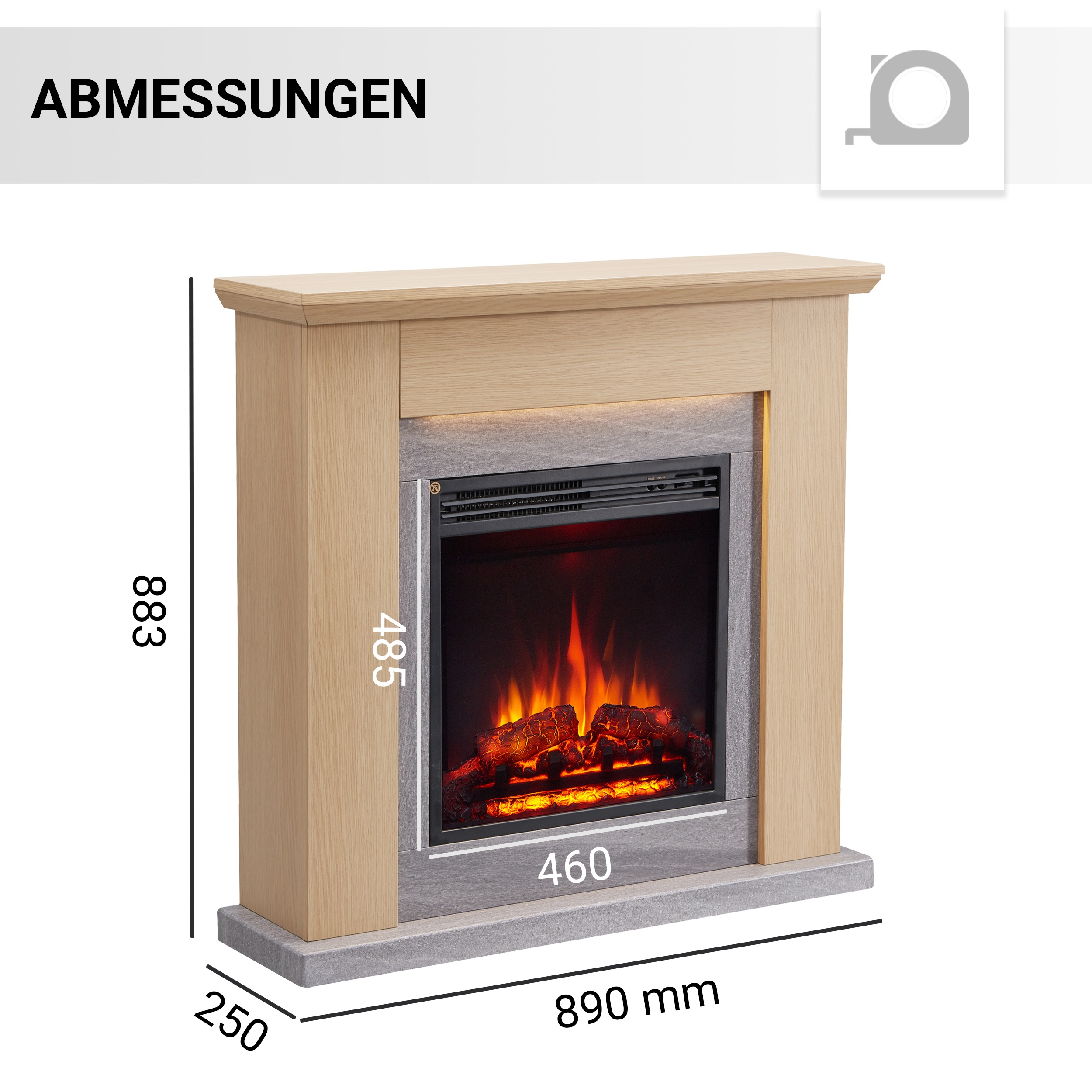 Kamin mit Holzrahmen und künstlichem Feuer. Abmessungen sind angegeben. Graue Basis und Umgebung. Helles Holzoberteil.