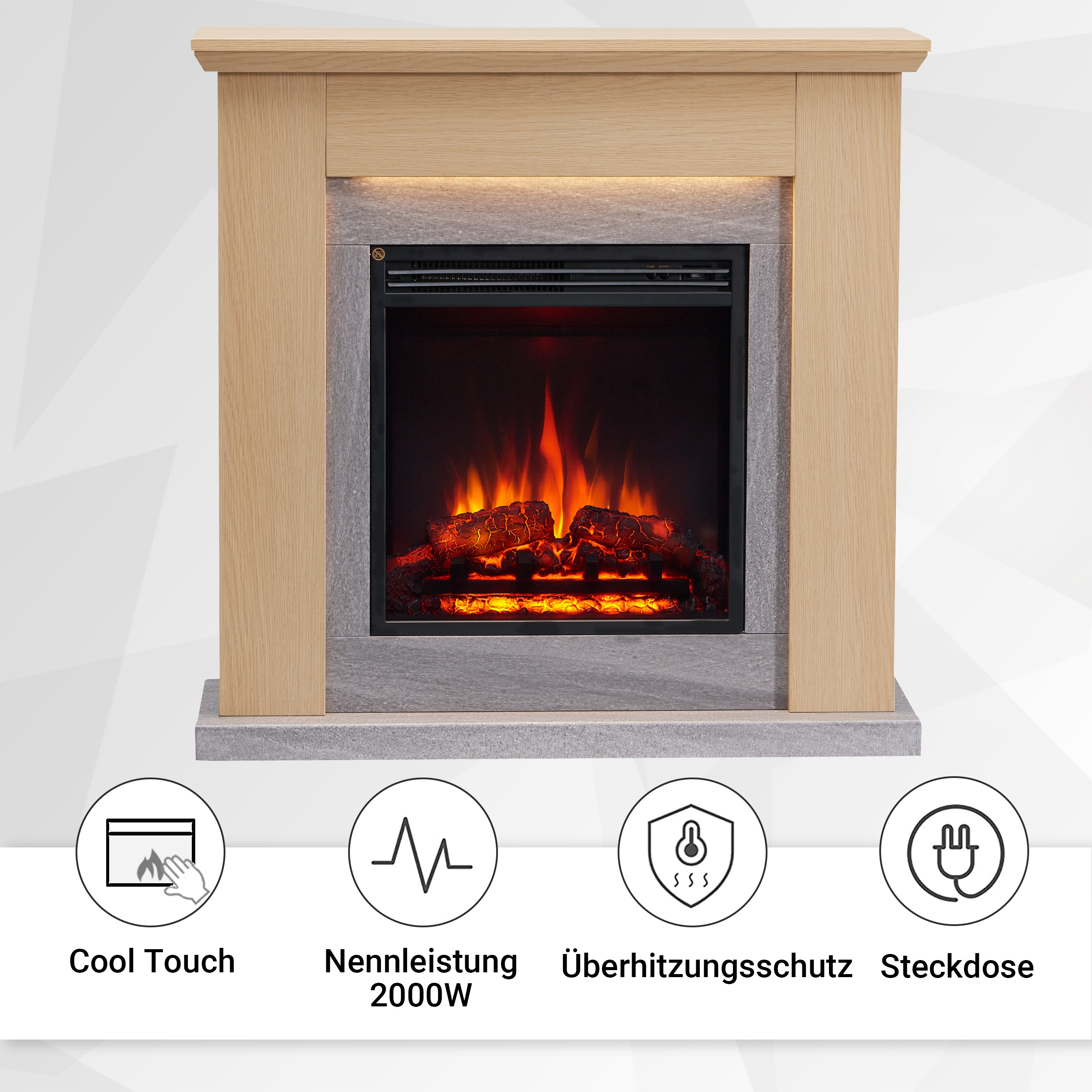Ein elektrischer Kamin mit Holzrahmen. Er verfügt über einen simulierten Feuereffekt mit glühenden Holzscheiten und Flammen.
