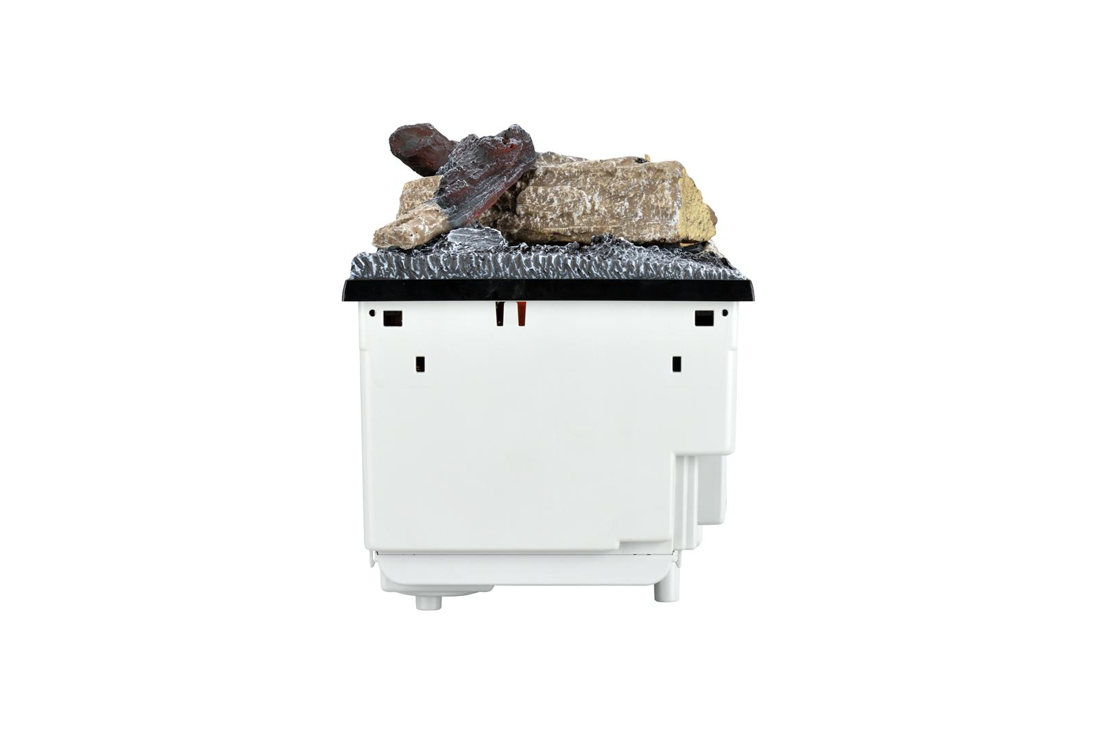 Ein weißer Elektro-Kamin mit künstlichen Holzscheiten oben. Die Scheite sind braun, grau und beige. Die Basis ist weiß.