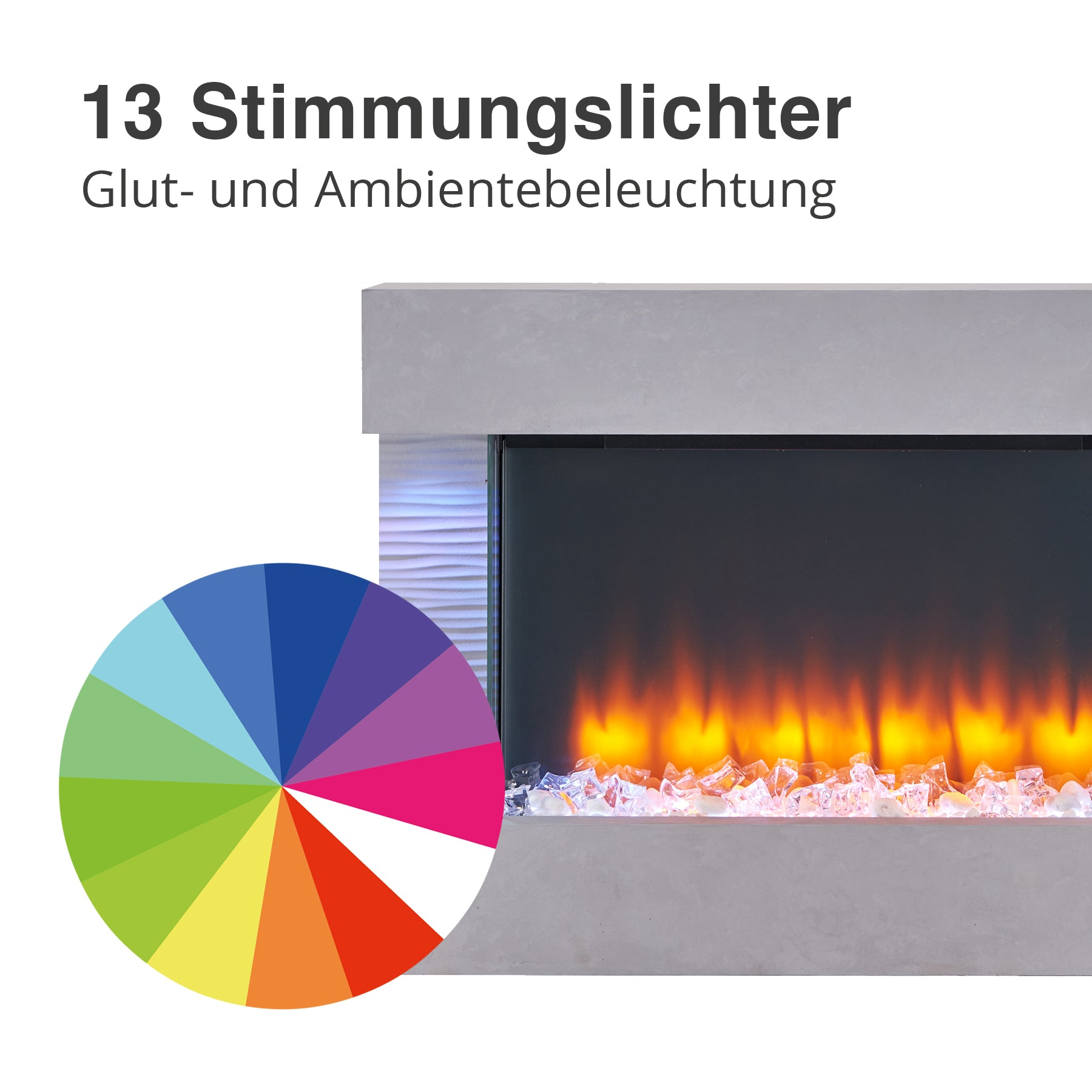 Elektrischer Kamin mit Flammen, farbigem Lichtrad und Text: 13 Stimmungsleuchten. Weißer Hintergrund, graue und schwarze Details.
