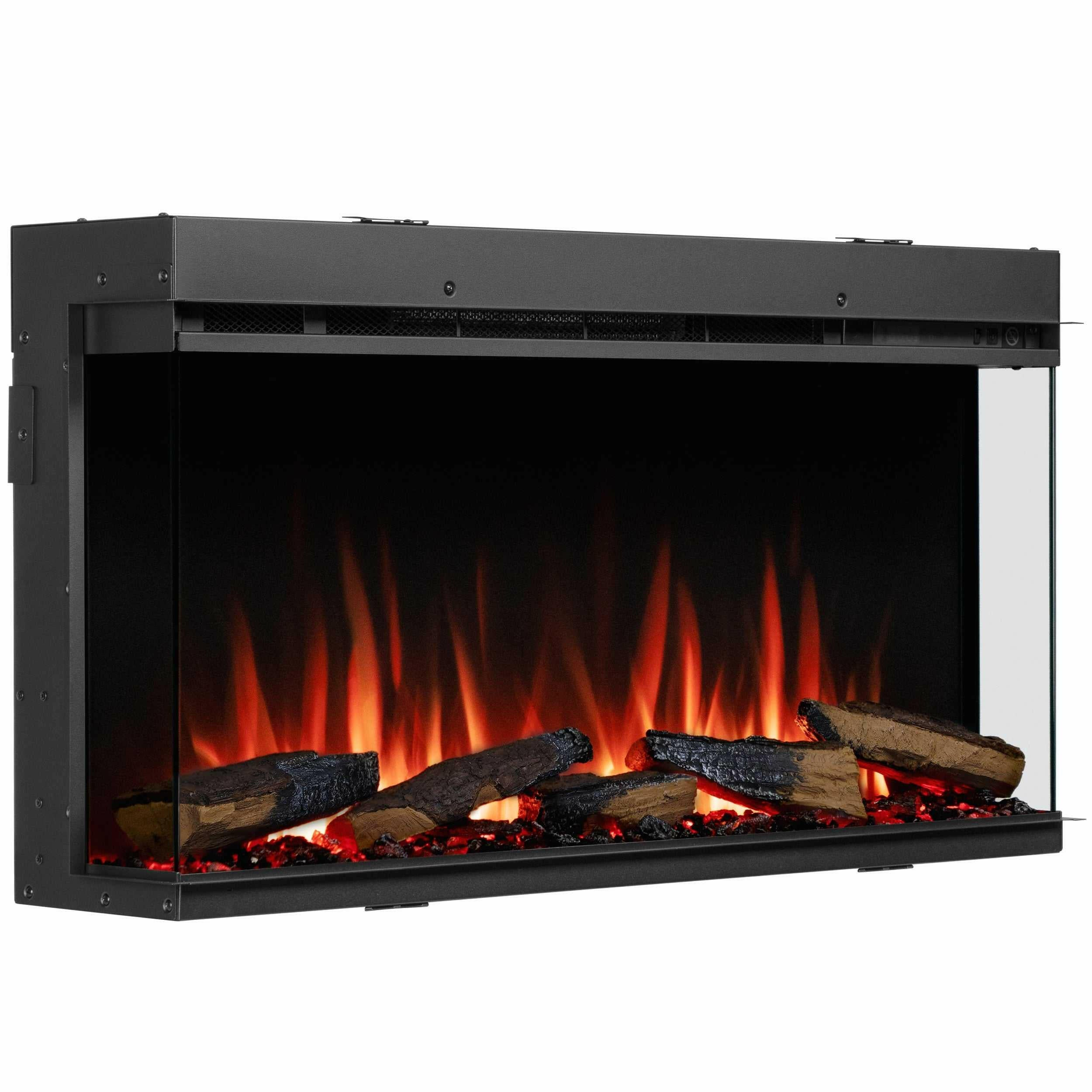 Schwarzer elektrischer Kamin mit brennenden orangefarbenen Flammen, Holzscheiten und einer Glasfront. Schwarzer Metallrahmen.