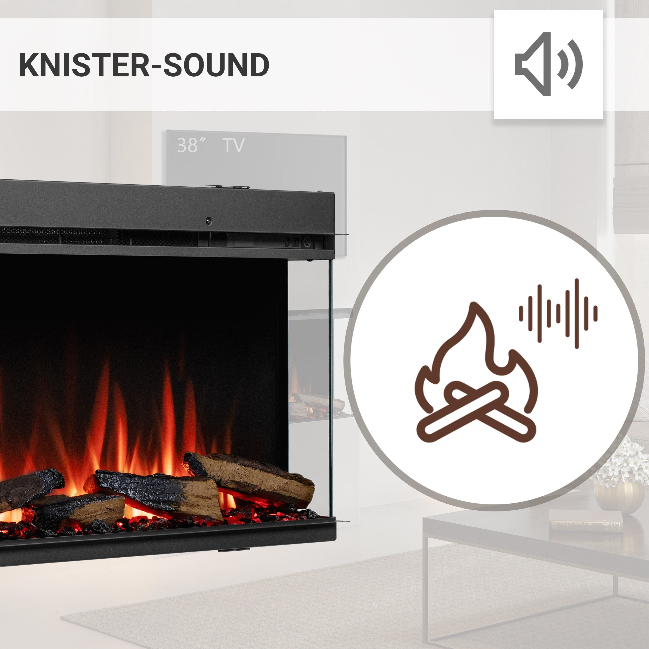 Ein elektrischer Kamin mit flammenden Flammen und Holzscheiten. Ein Tonsymbol und die Worte 'KNISTER-SOUND' sind zu sehen.