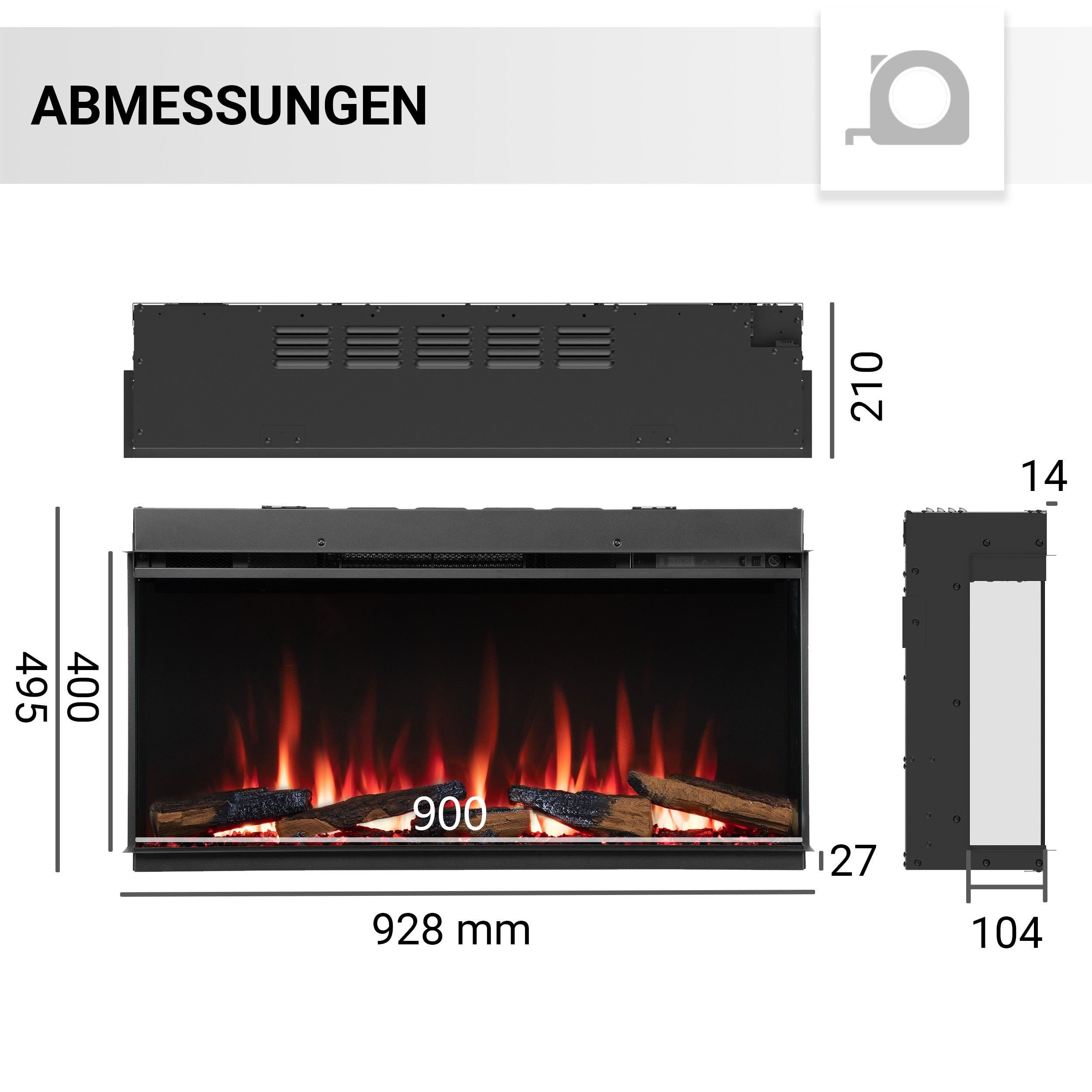 Schwarz Kamin-Schema mit Abmessungen. Der Flammeneffekt ist sichtbar mit Holzscheiten. Maße werden angezeigt.