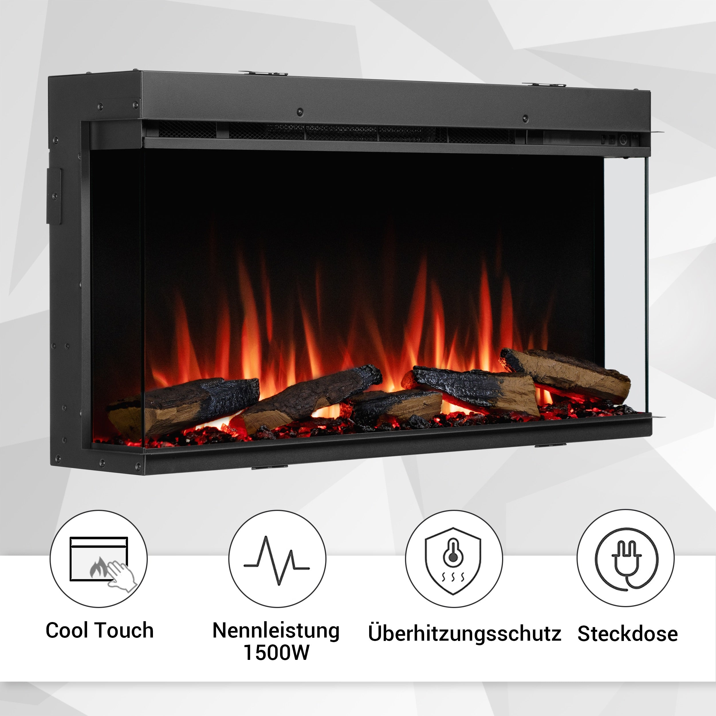 Elektrischer Kamin mit Flammen und Holzscheiten. Merkmale sind Cool Touch, 1500W Leistung, Überhitzungsschutz und Steckdose.