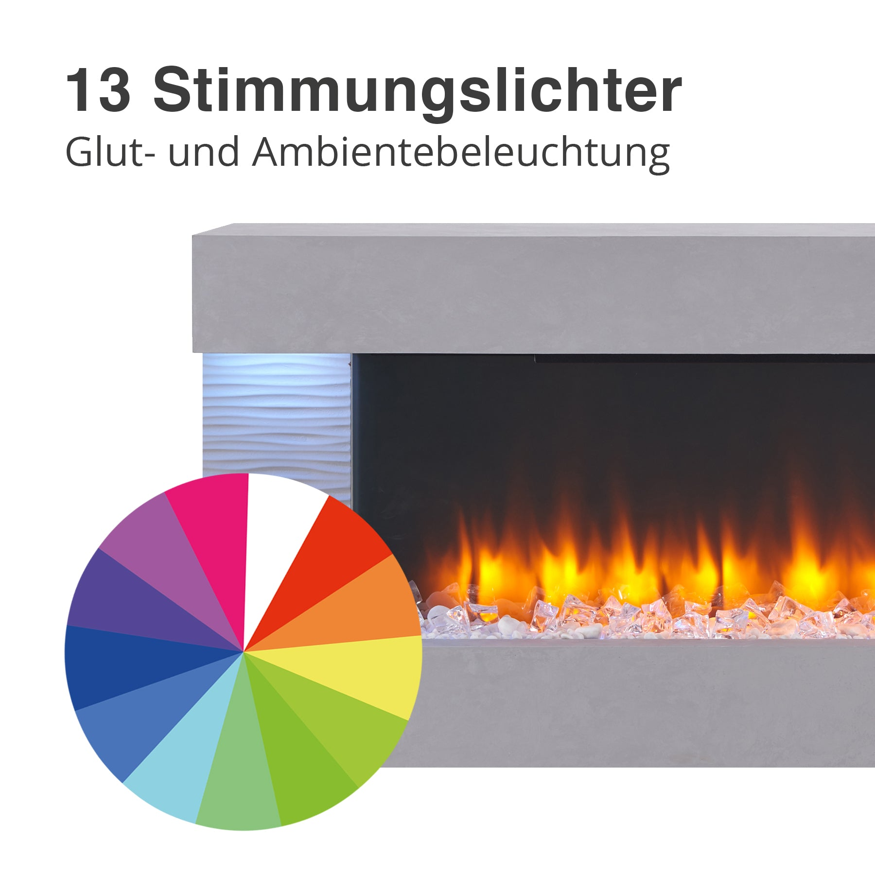 Elektrokamin mit Flammeneffekt, klaren Kristallen und Farbrad. Oben steht '13 Stimmungslichter'.