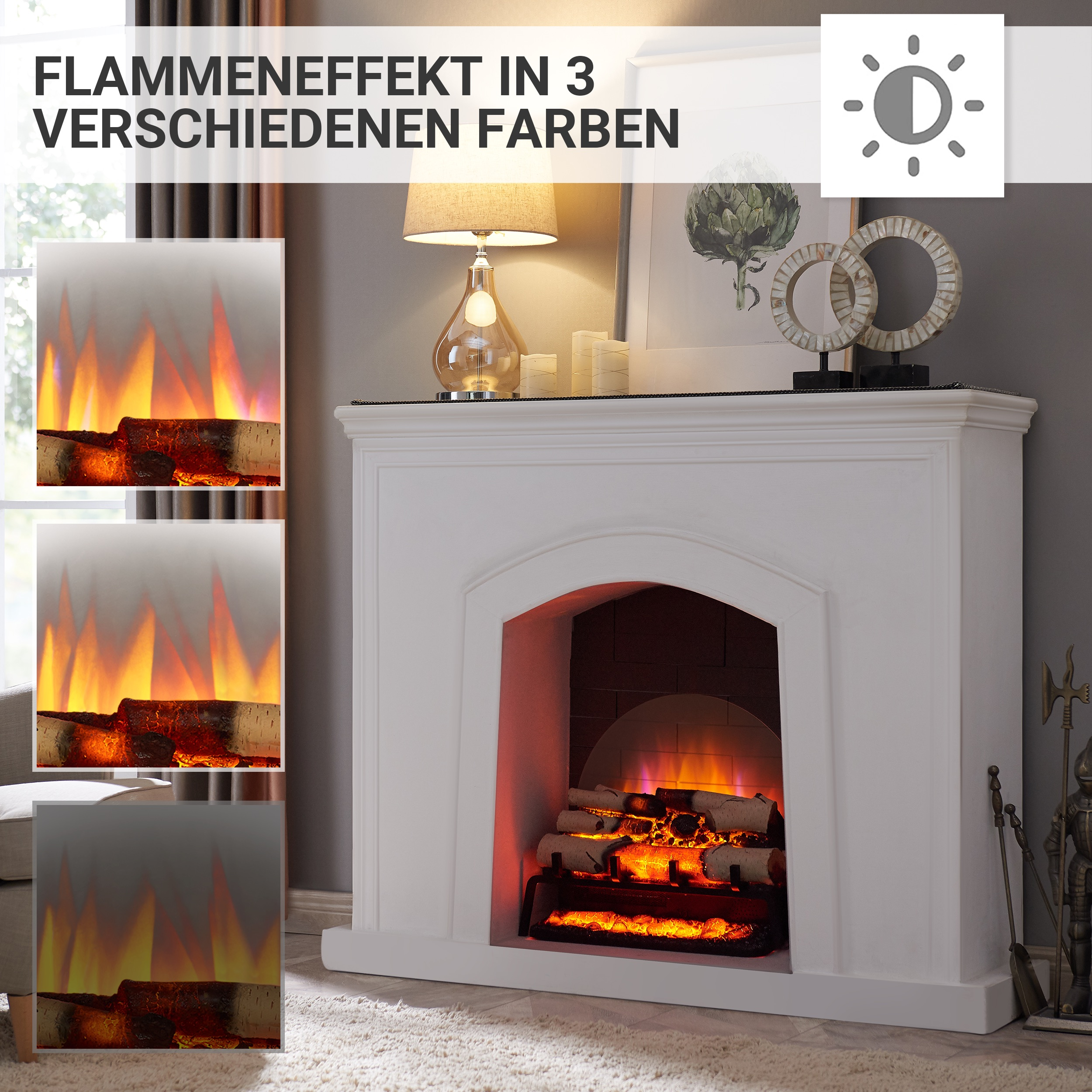 Weißer Kamin mit simuliertem Feuer, das drei Farboptionen anzeigt. Dekorative Gegenstände stehen auf dem Kaminsims, mit Lampe und Kerzen.