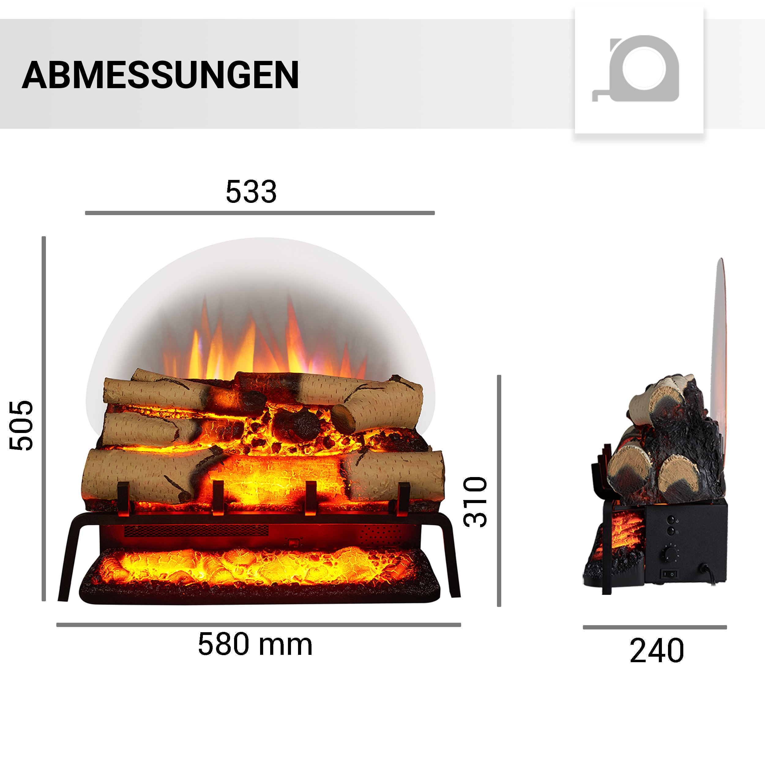 Ein elektrischer Kamin mit künstlichen Holzscheiten und Flammen, Abmessungen werden gezeigt. Abmessungen sind 580x505x310 mm und 240 mm Seitenansicht.