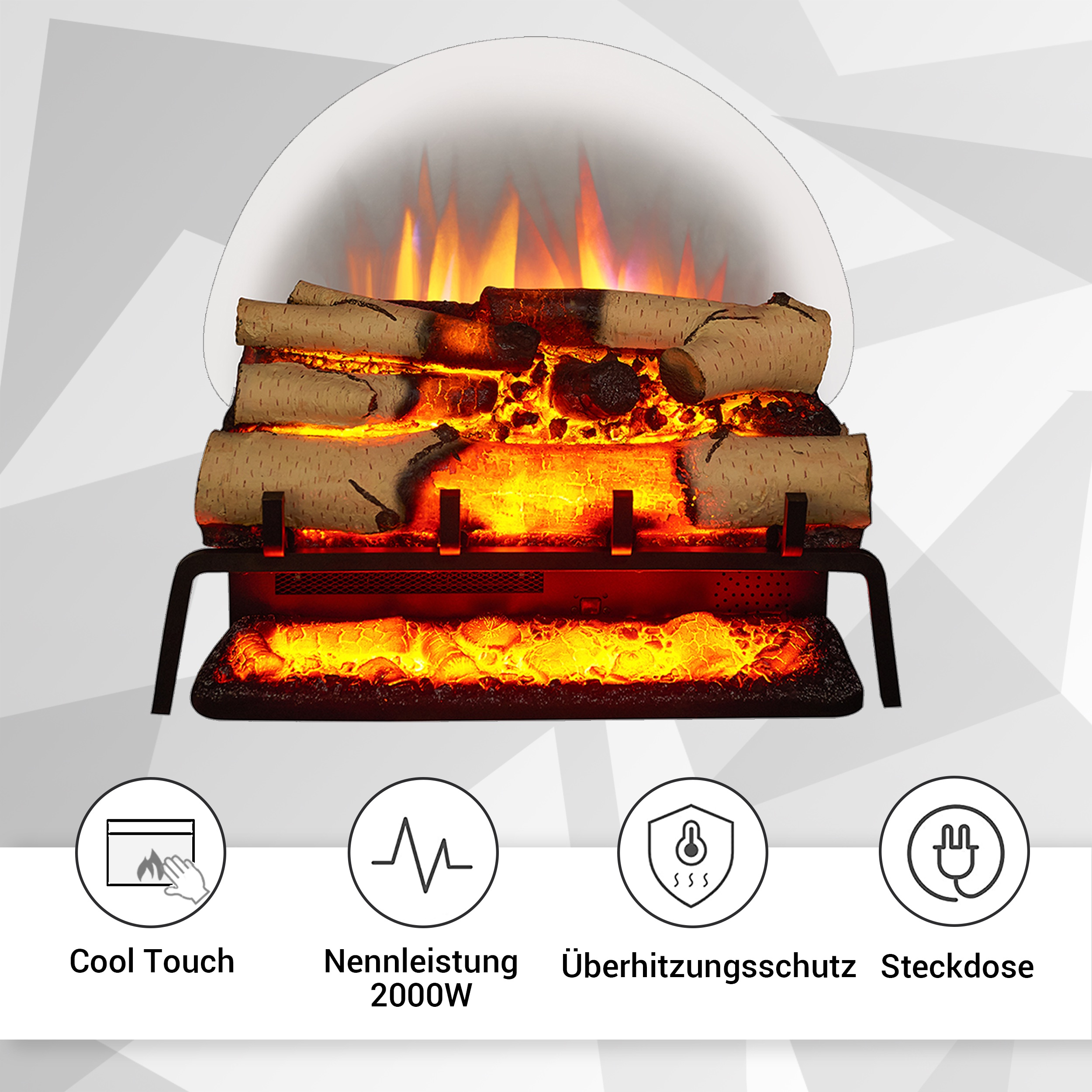 Elektrischer Kamin mit glühenden Holzscheiten, Flammen und Symbolen für Cool Touch, Leistung, Überhitzungsschutz und Stecker.