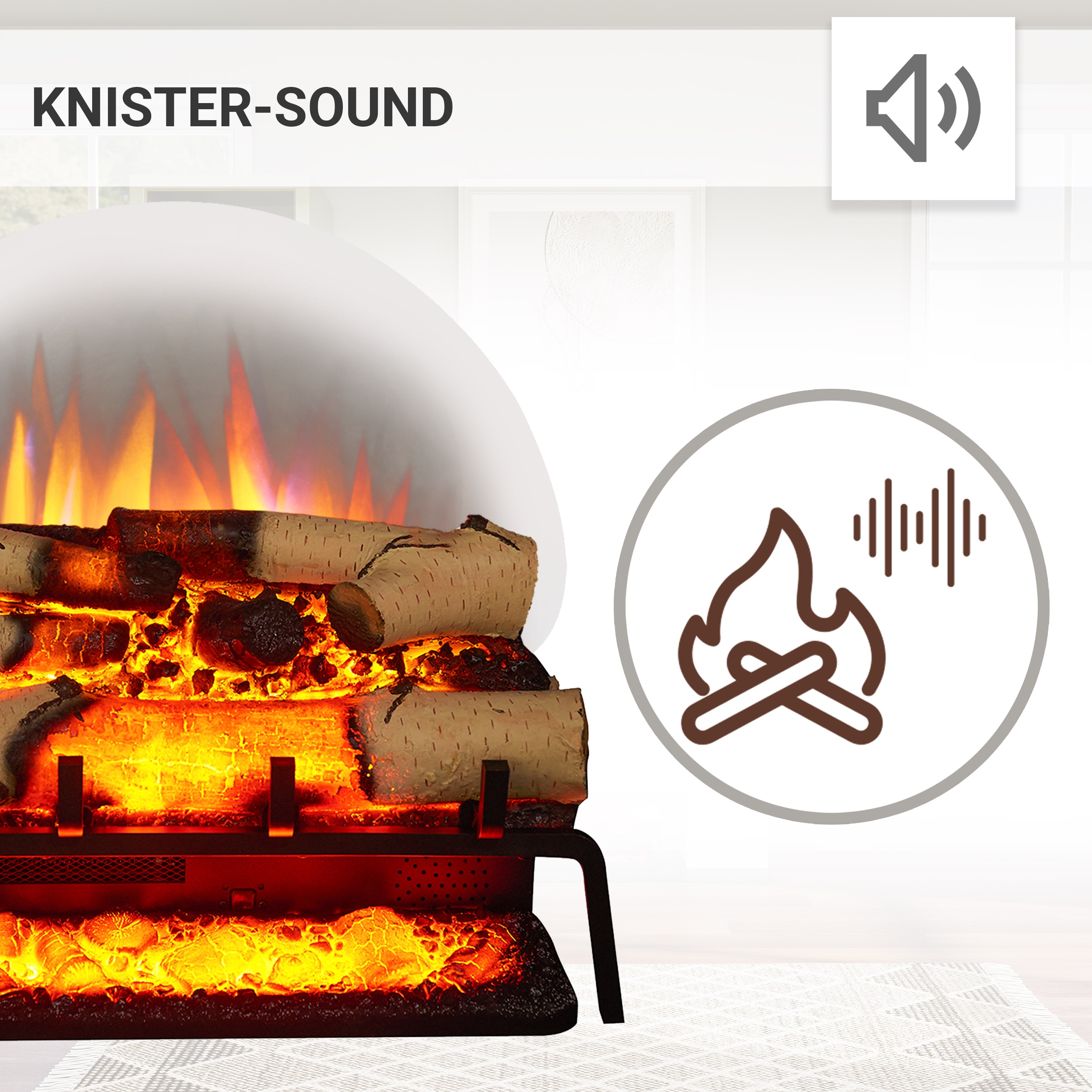 Elektrischer Kamin mit Birkenholz, Flammen und Tonsymbol. Der Text "KNISTER-SOUND" ist sichtbar.