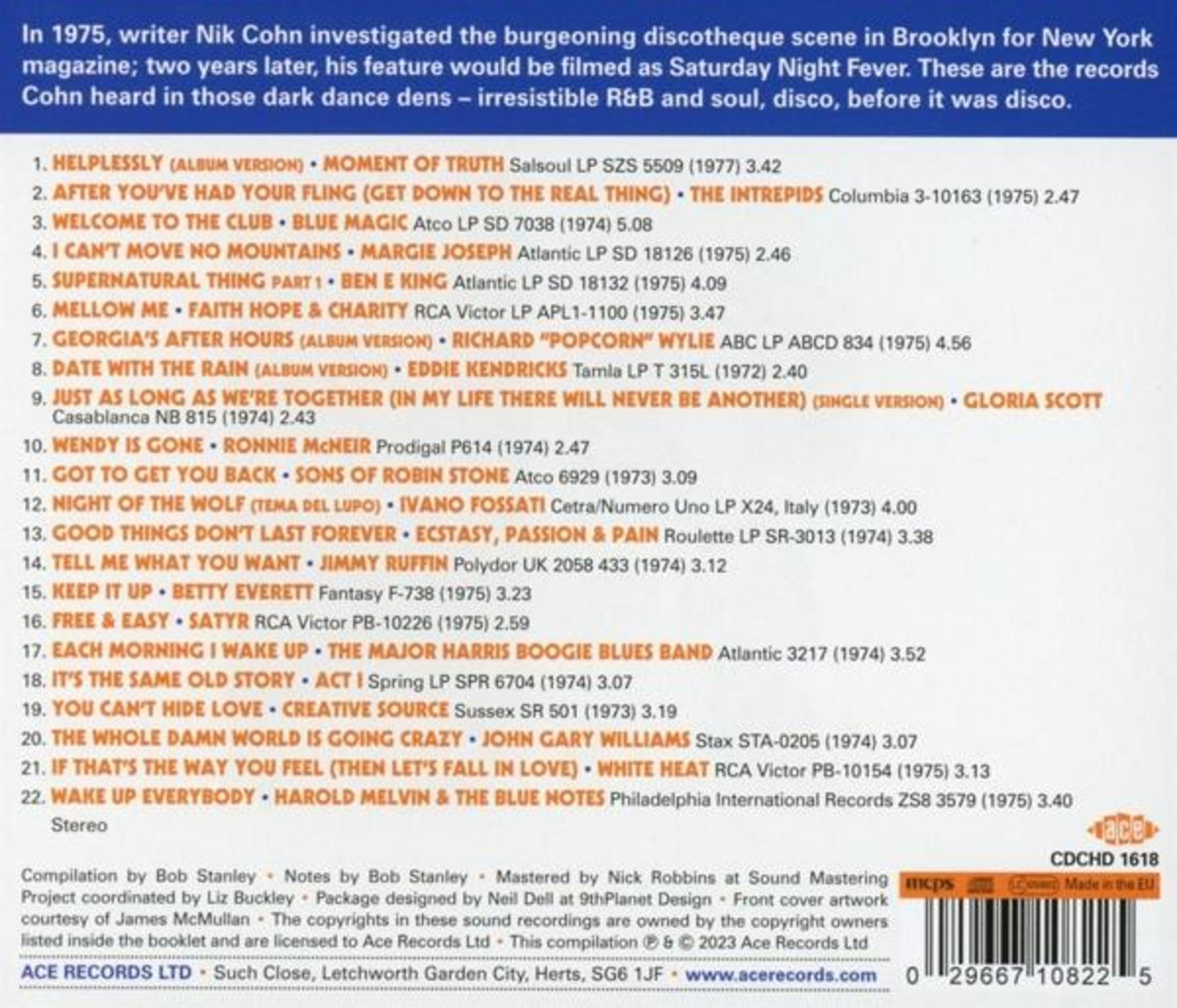 Text auf einem CD-Cover, listet Songtitel und Künstler aus den 70er Jahren. Enthält einen Barcode und das Ace Records Logo.