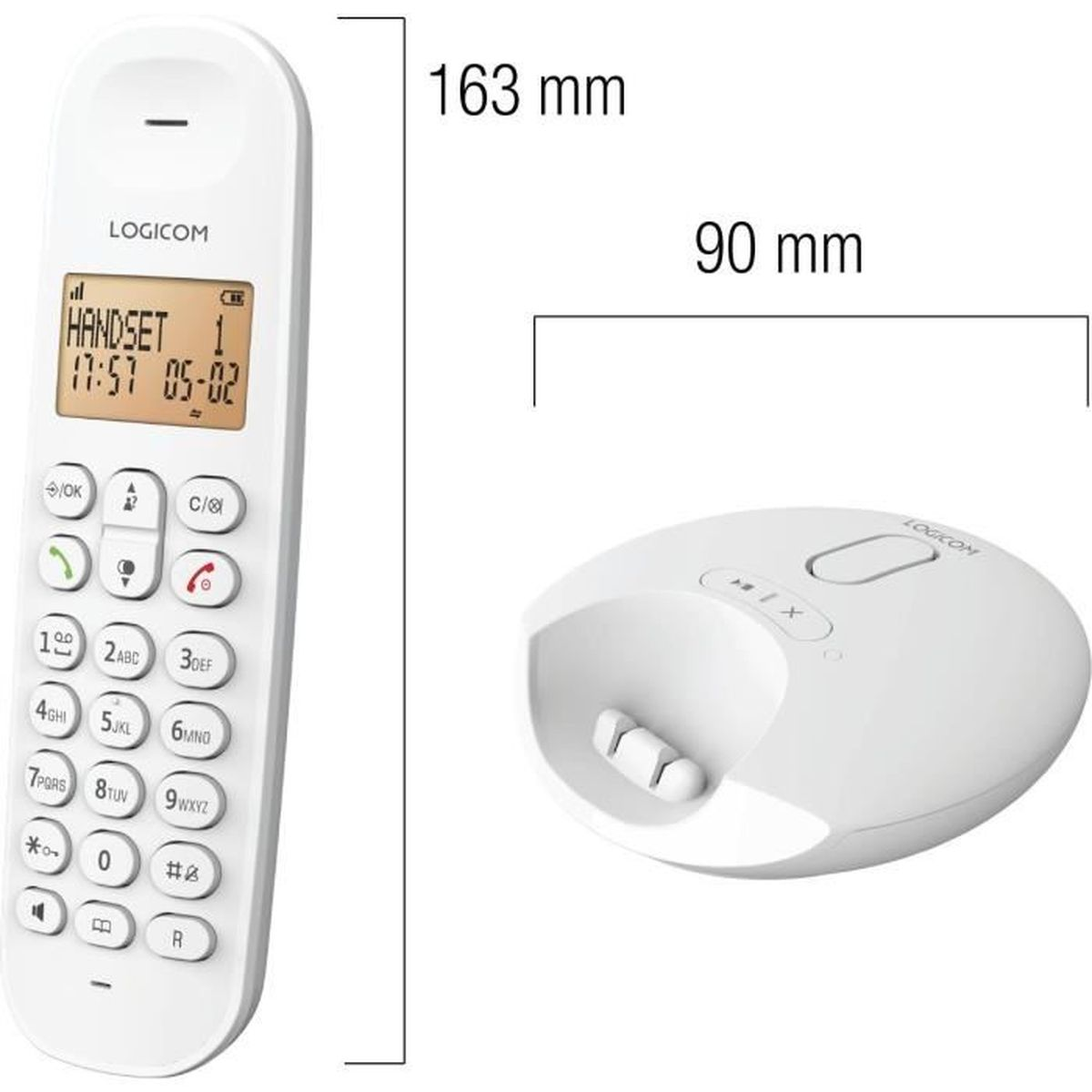 Ein weißes schnurloses Telefon mit Basis wird angezeigt. Es zeigt einen Bildschirm mit Uhrzeit und Tasten, die Basis ist gebogen.