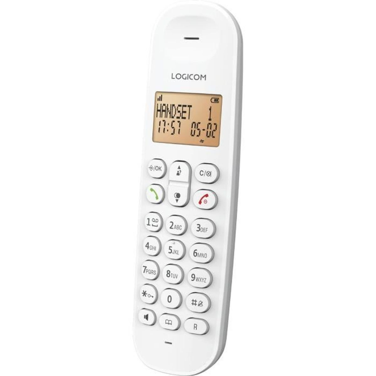 Ein weißes schnurloses Logicon-Telefon. Es hat ein Display mit dem Text "HANDSET 1 17:57 05-02". Es gibt nummerierte Tasten.