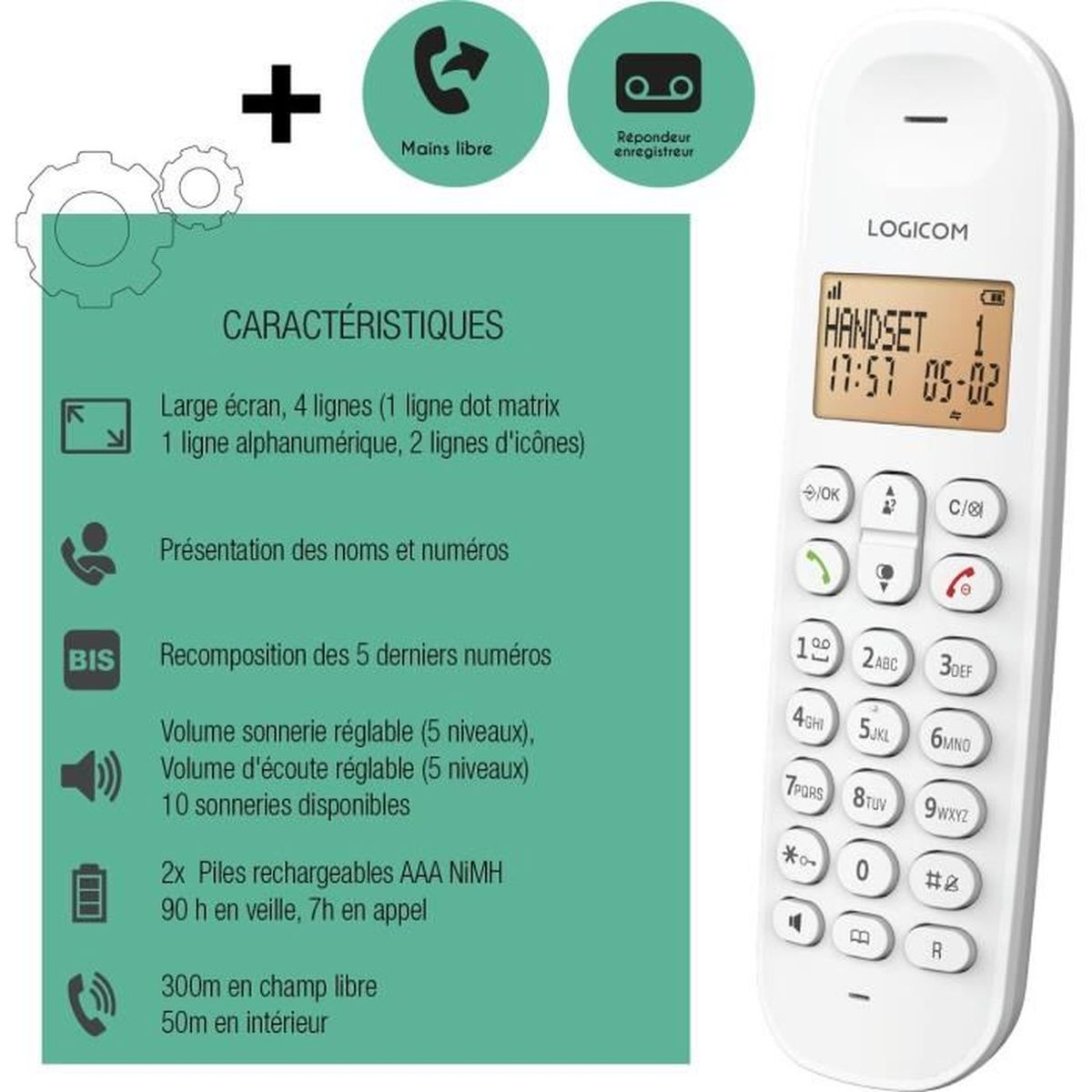 Ein weißes schnurloses Telefon mit Bildschirm und Tastatur. Zu den Funktionen gehören Anrufer-ID, Freisprechfunktion und Anrufbeantworter.