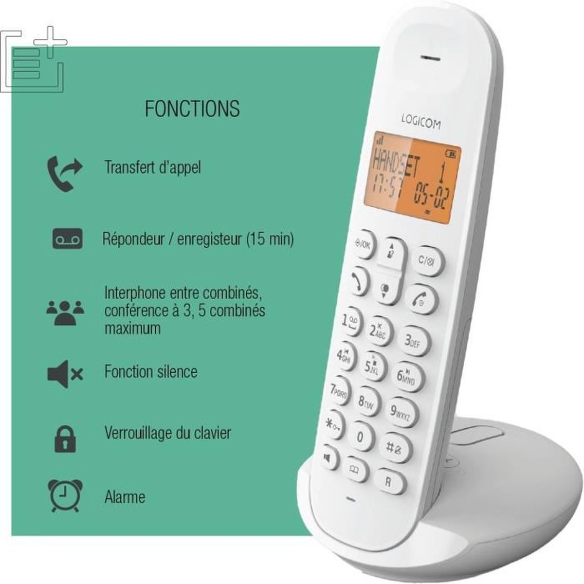 Ein weißes schnurloses Telefon, das die Uhrzeit und das Datum anzeigt, neben einem grünen Feld mit Telefonfunktionen auf Französisch.