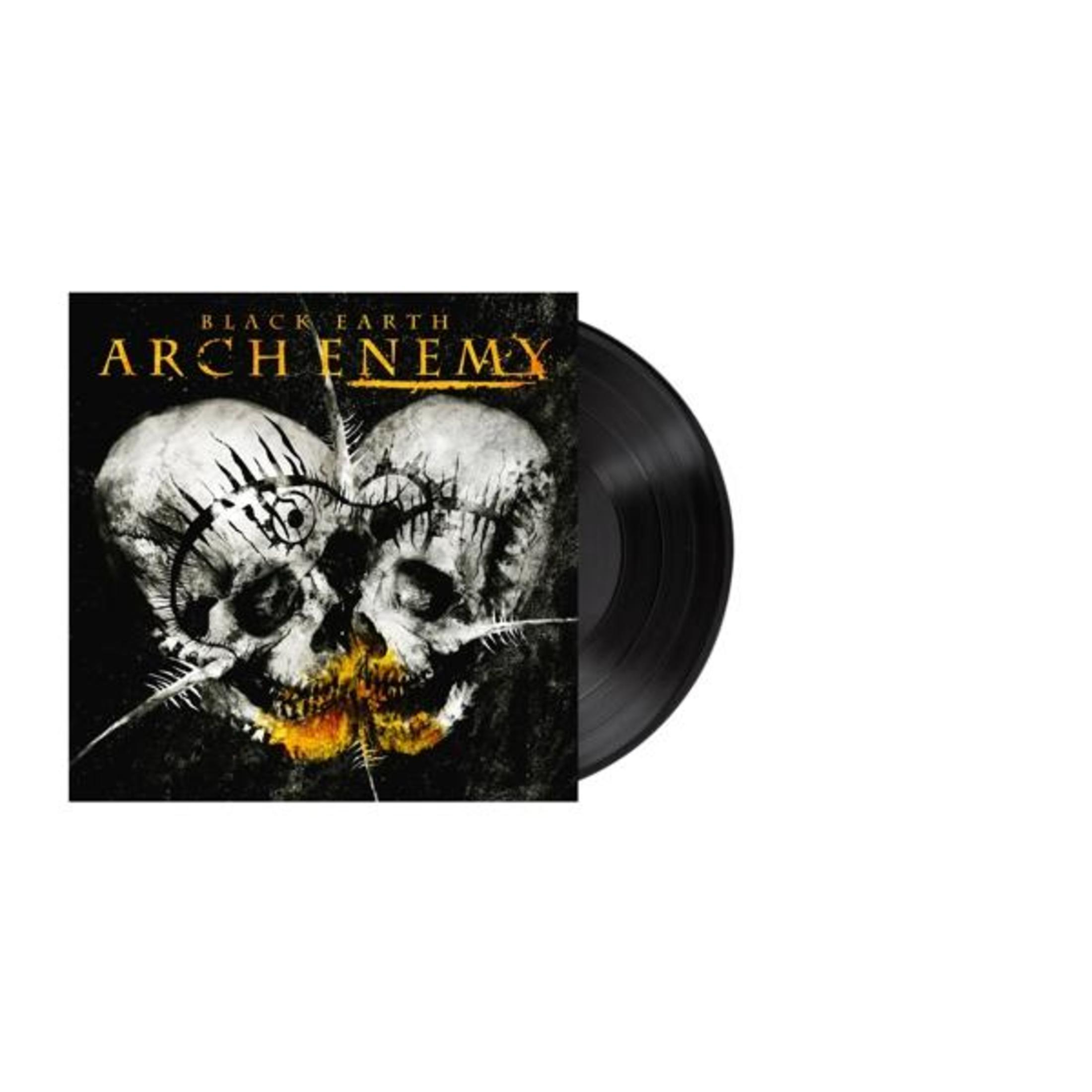 Albumcover mit Totenkopf-Bildern und dem Text 'ARCH ENEMY'. Eine schwarze Schallplatte ist teilweise rechts sichtbar.
