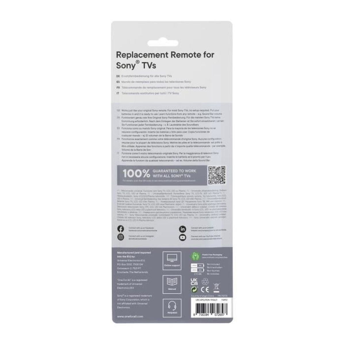 Replacement remote packaging. White background. Text: Replacement Remote for Sony TVs. 100% guaranteed to work.