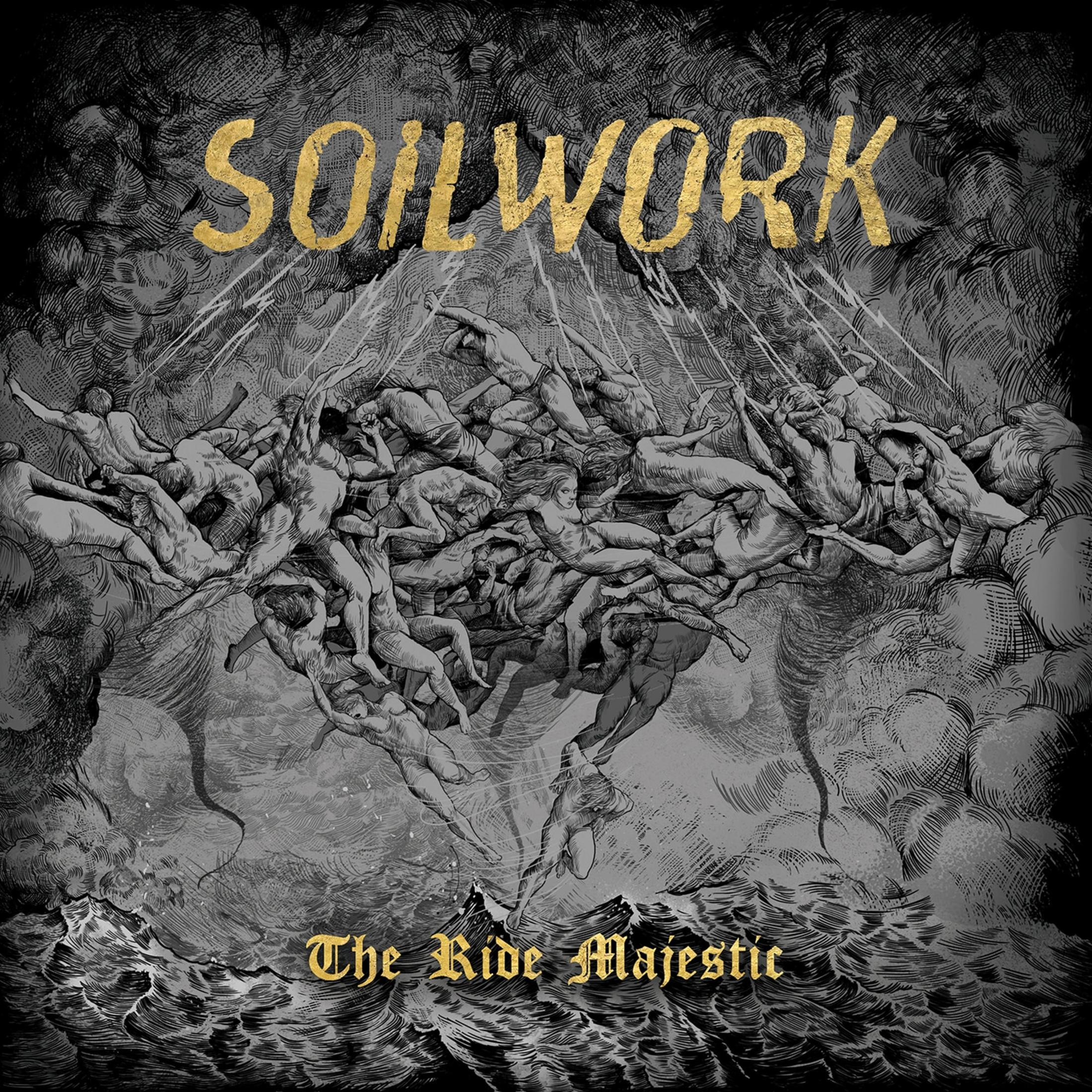 Albumcover für Soilwork's "The Ride Majestic". Goldener Text über einem dunklen Bild von fallenden Figuren und stürmischer See.