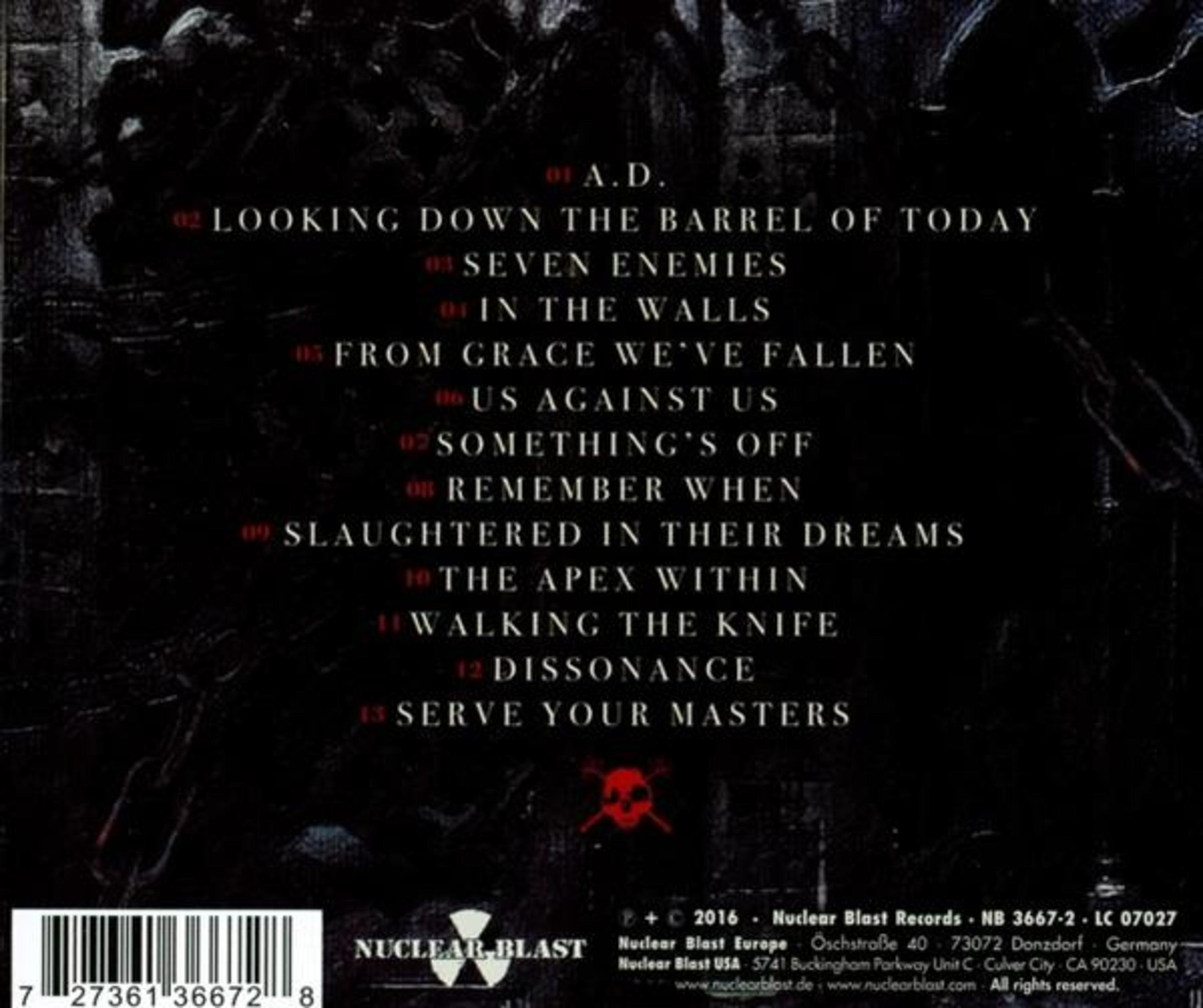 Albumcover mit dunklem Thema. Text enthält Songtitel und ein Logo. Ein Barcode und das Nuclear Blast-Logo sind sichtbar.