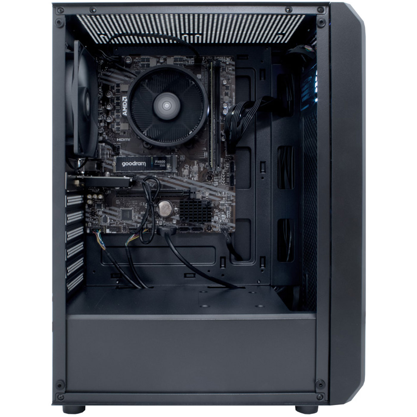 Carcasa de ordenador negra con componentes internos visibles. Incluye placa base, refrigerador de CPU, ventilador y cables. Esquema de colores negro y gris.