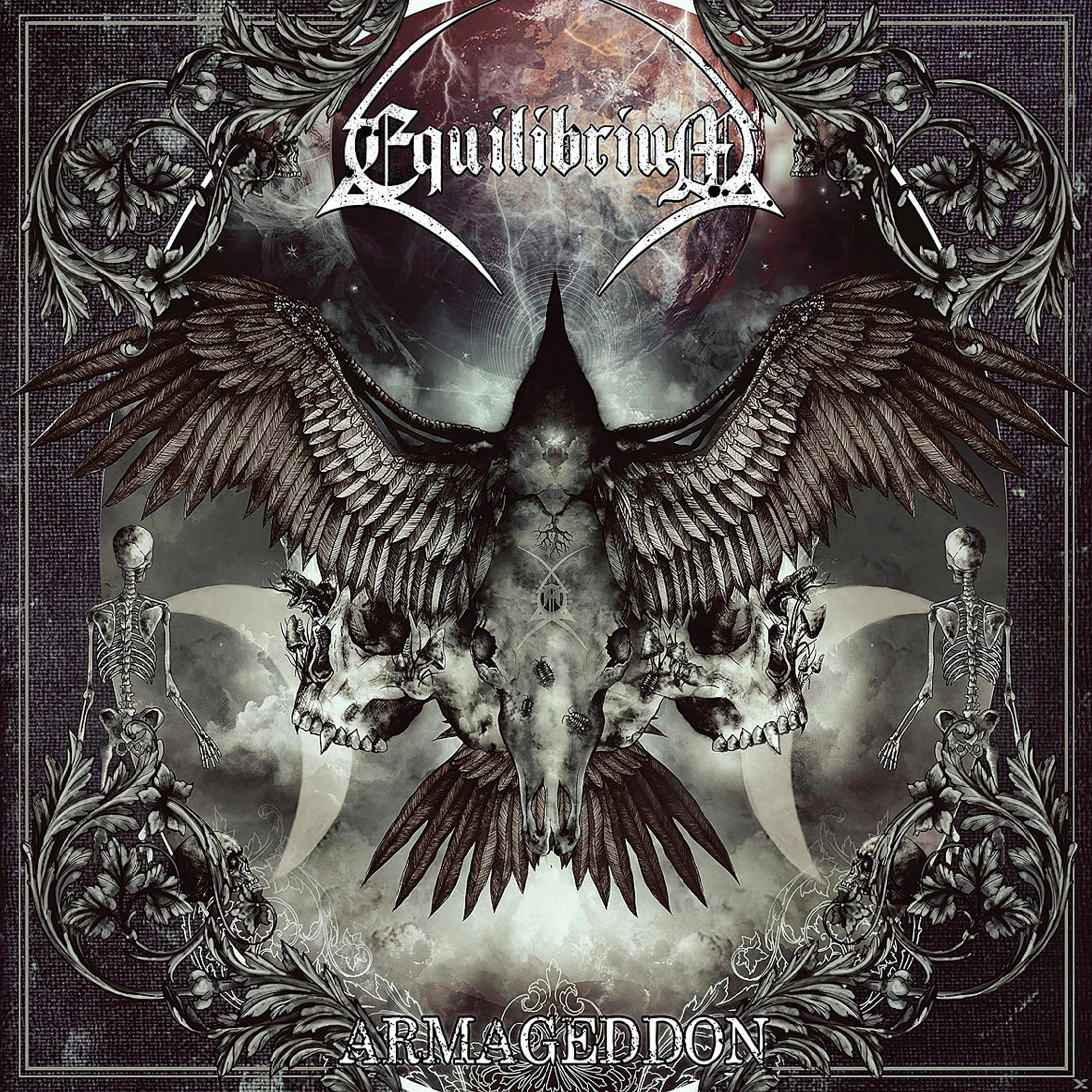 Albumcover zeigt einen skelettartigen Raben mit großen Flügeln, Schädeln und dem Wort Armageddon. Dunkler Hintergrund mit Zierrahmen.