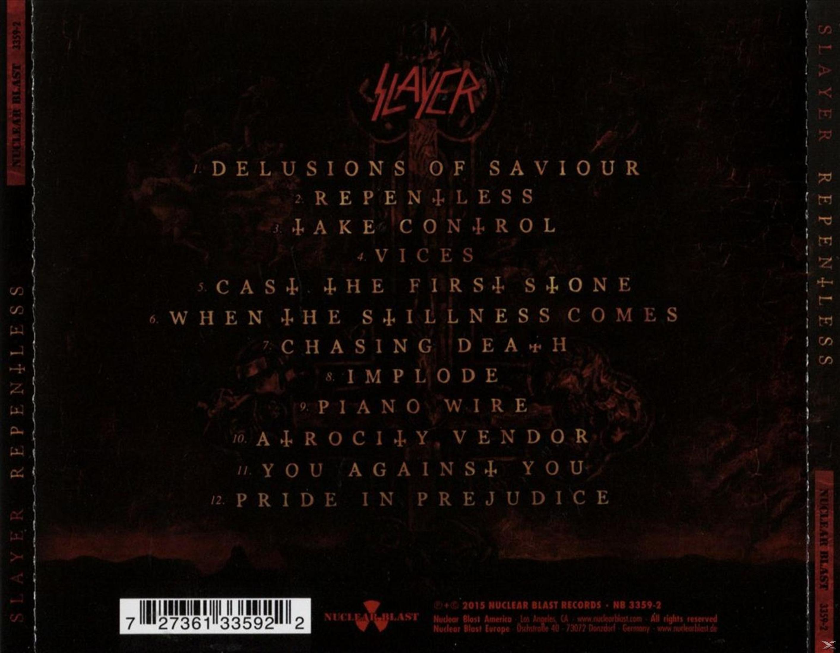 Albumcover für 'Repentless' von Slayer. Dunkelroter Hintergrund mit Titelliste in Weiß. Slayer-Logo oben.
